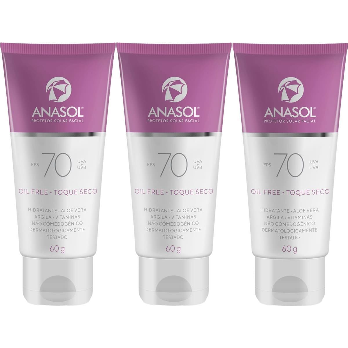 Kit 3X Protetor Solar Facial Toque Seco - 60g FPS 70 - Anasol