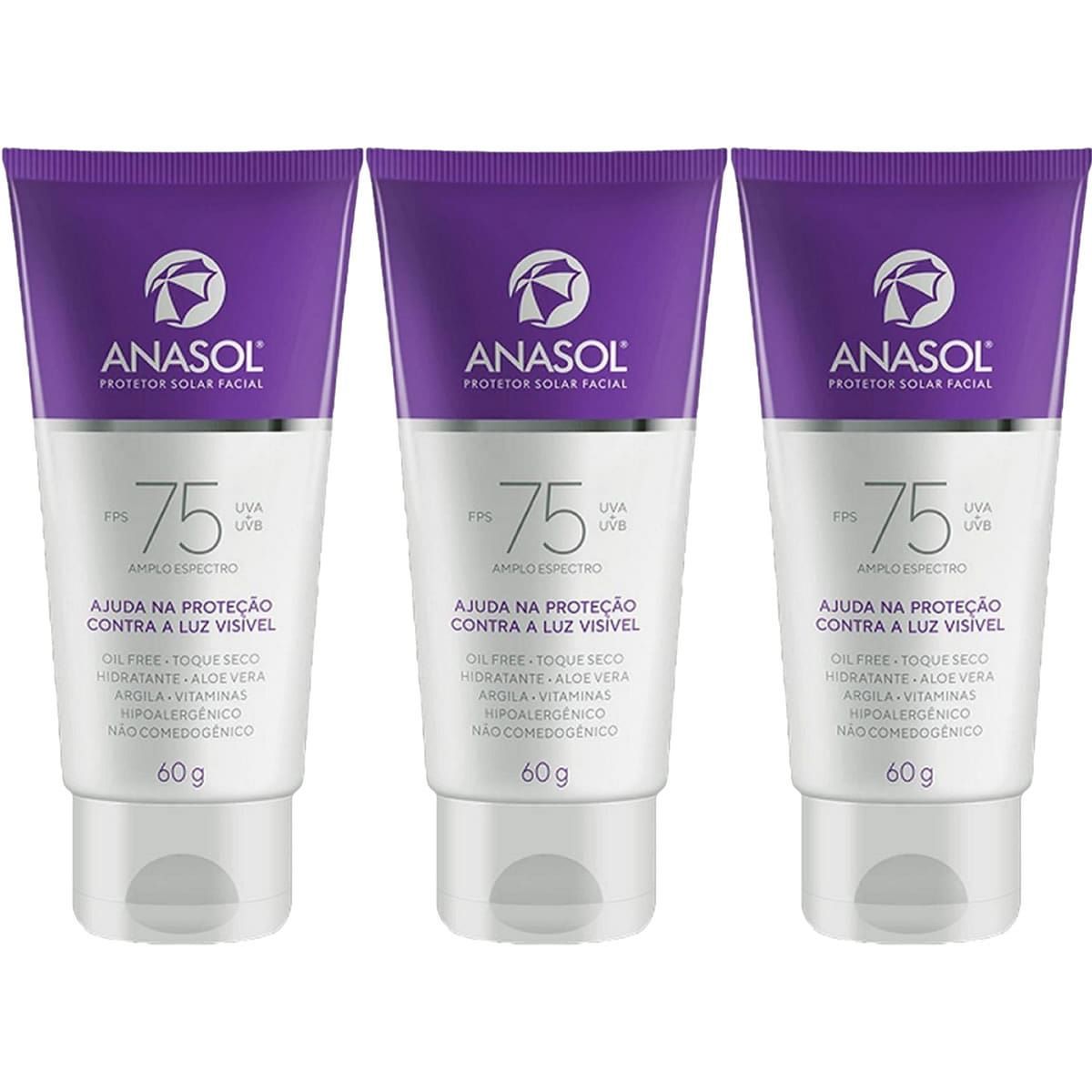 Kit 3X Protetor Solar Facial Toque Seco - 60g FPS 75 - Anasol