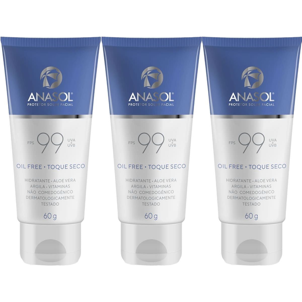 Kit 3X Protetor Solar Facial Toque Seco - 60g FPS 99 - Anasol