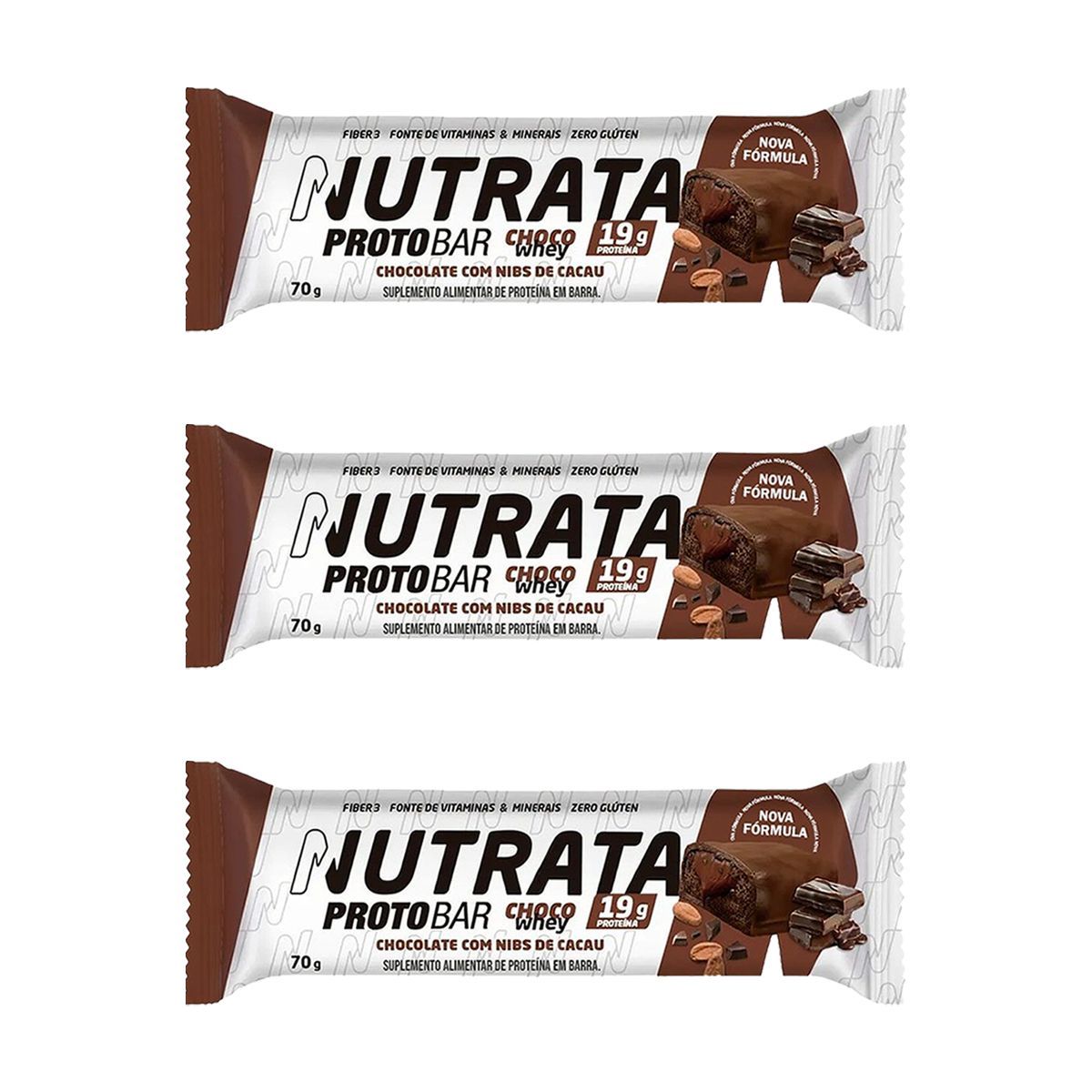 Kit 3X Proto Bar Choco Whey - 1 Unidade de 70g Chocolate com Nibs de Cacau - Nutrata