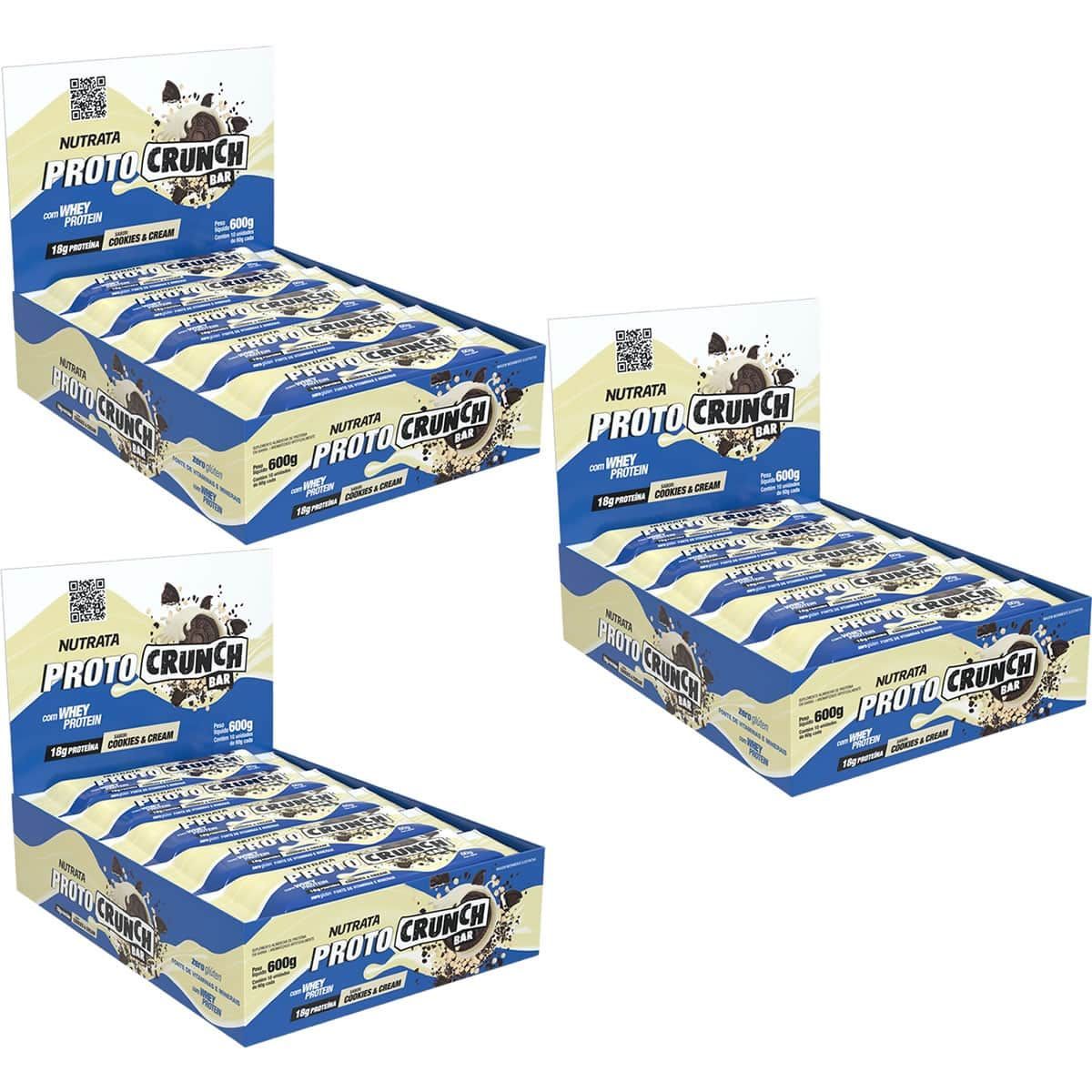 Kit 3X Proto Crunch Bar - 10 Barras de 60g Cookies And Cream  - Nutrata