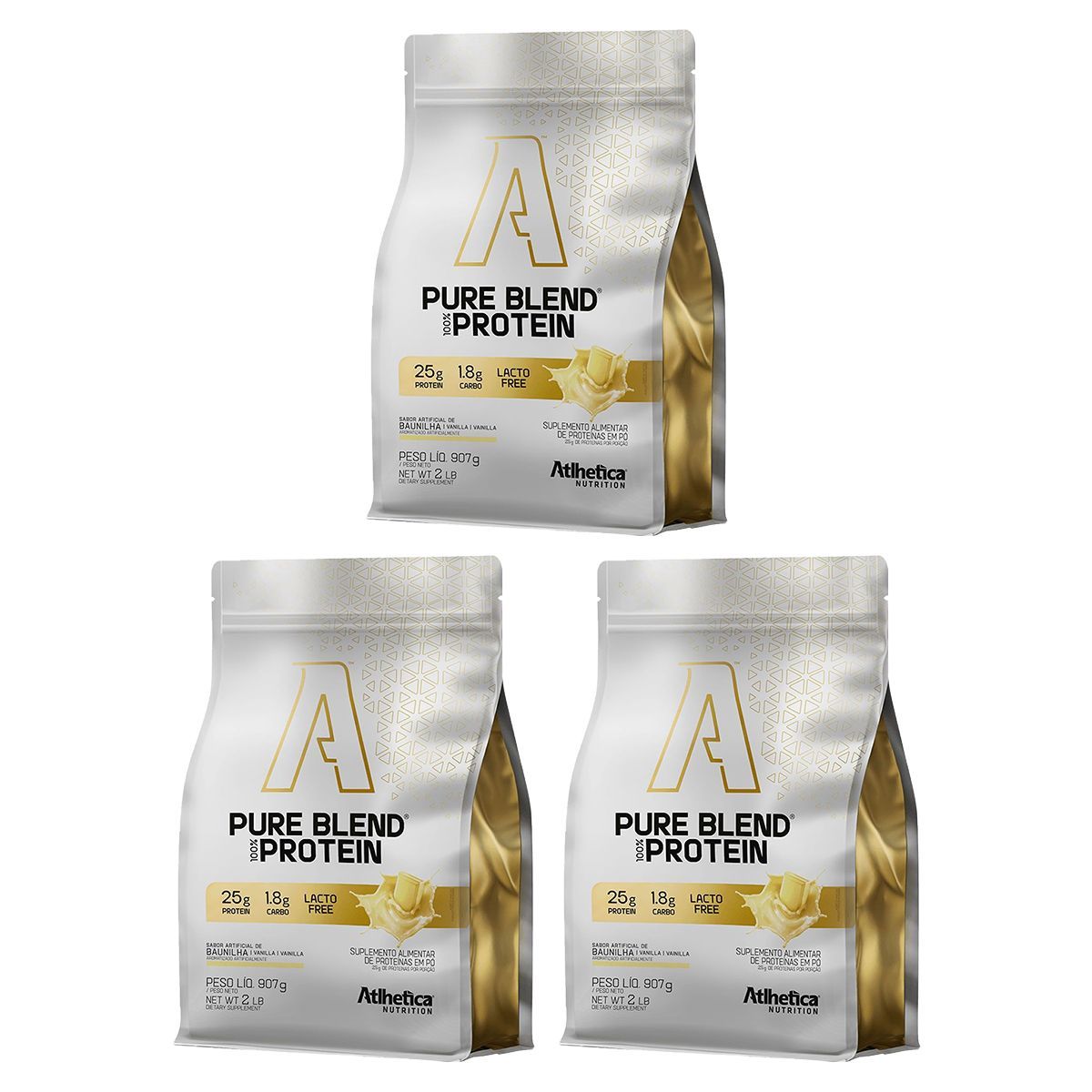 Kit 3X Pure Blend 100% Protein Lacto-free - 907g Refil Baunilha - Atlh�tica Nutrition