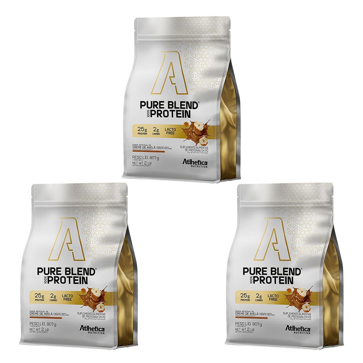 Kit 3X Pure Blend 100% Protein Lacto-free - 907g Refil Creme de Avel� - Atlh�tica Nutrition