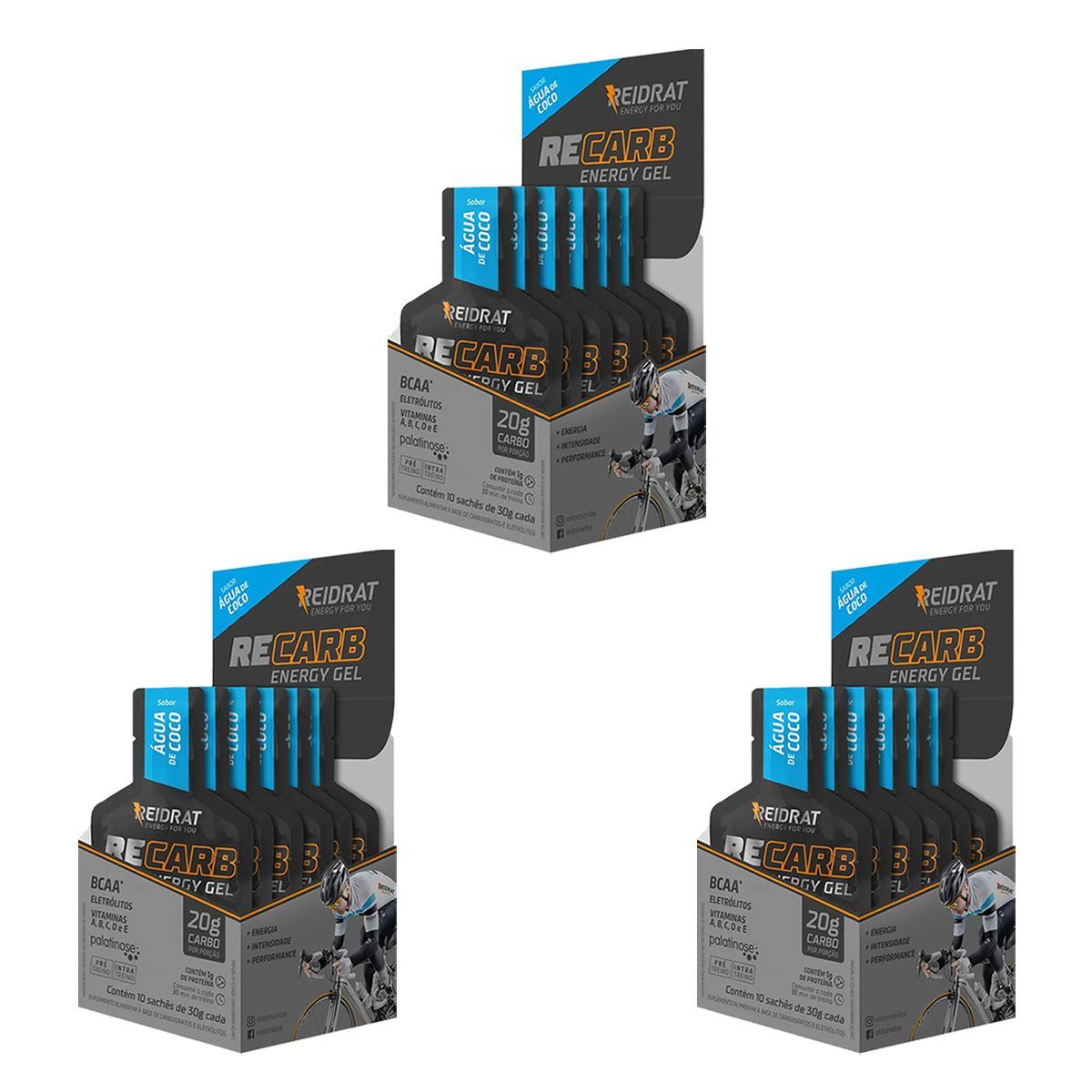Kit 3X Recarb Energy Gel - 10 Sach�s de 30g �gua de Coco - Reidrat
