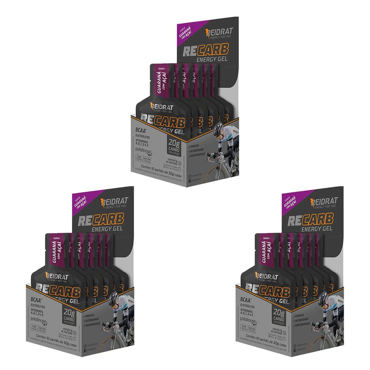 Kit 3X Recarb Energy Gel - 10 Sach�s de 30g Guaran� com A�a� - Reidrat