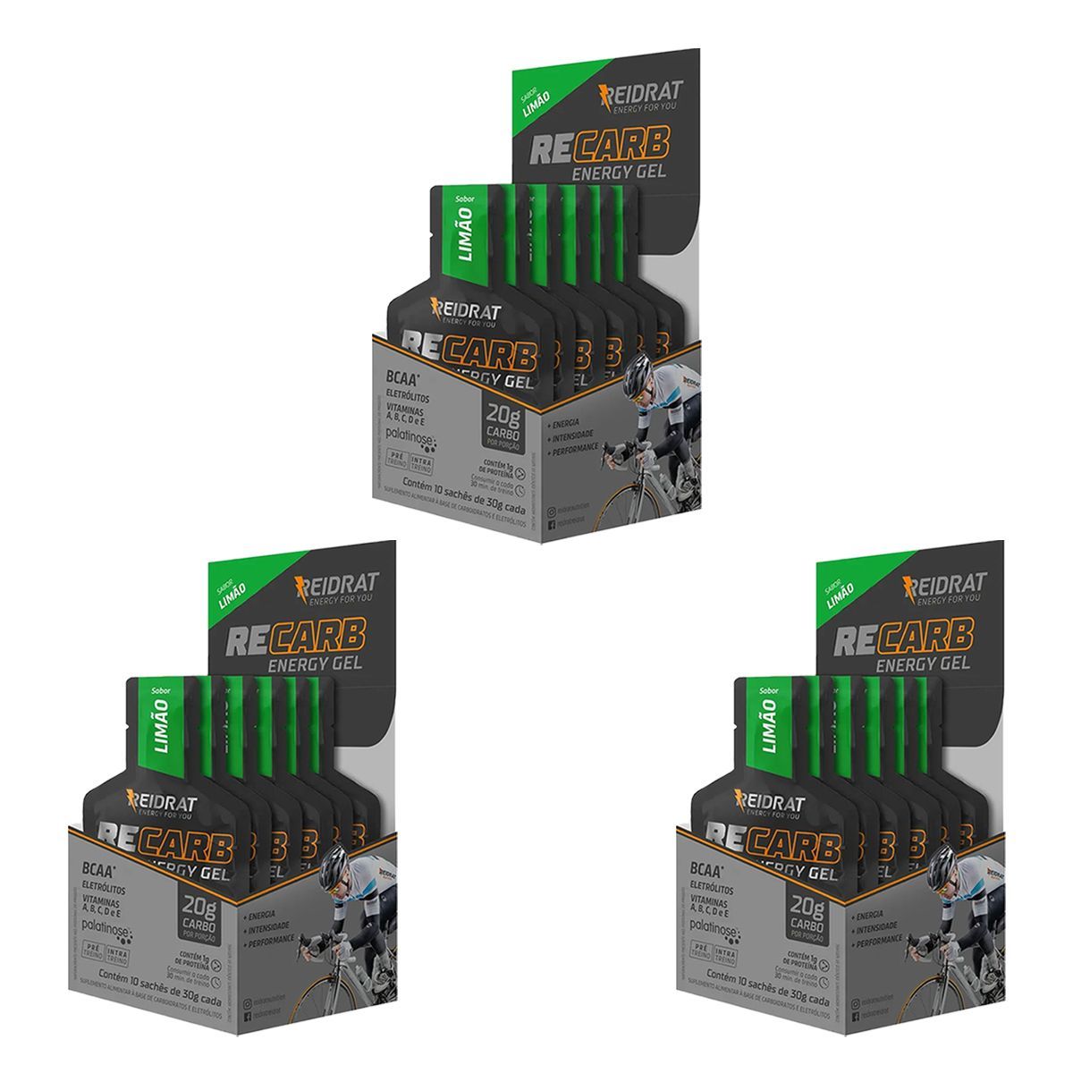 Kit 3X Recarb Energy Gel - 10 Sach�s de 30g Lim�o - Reidrat