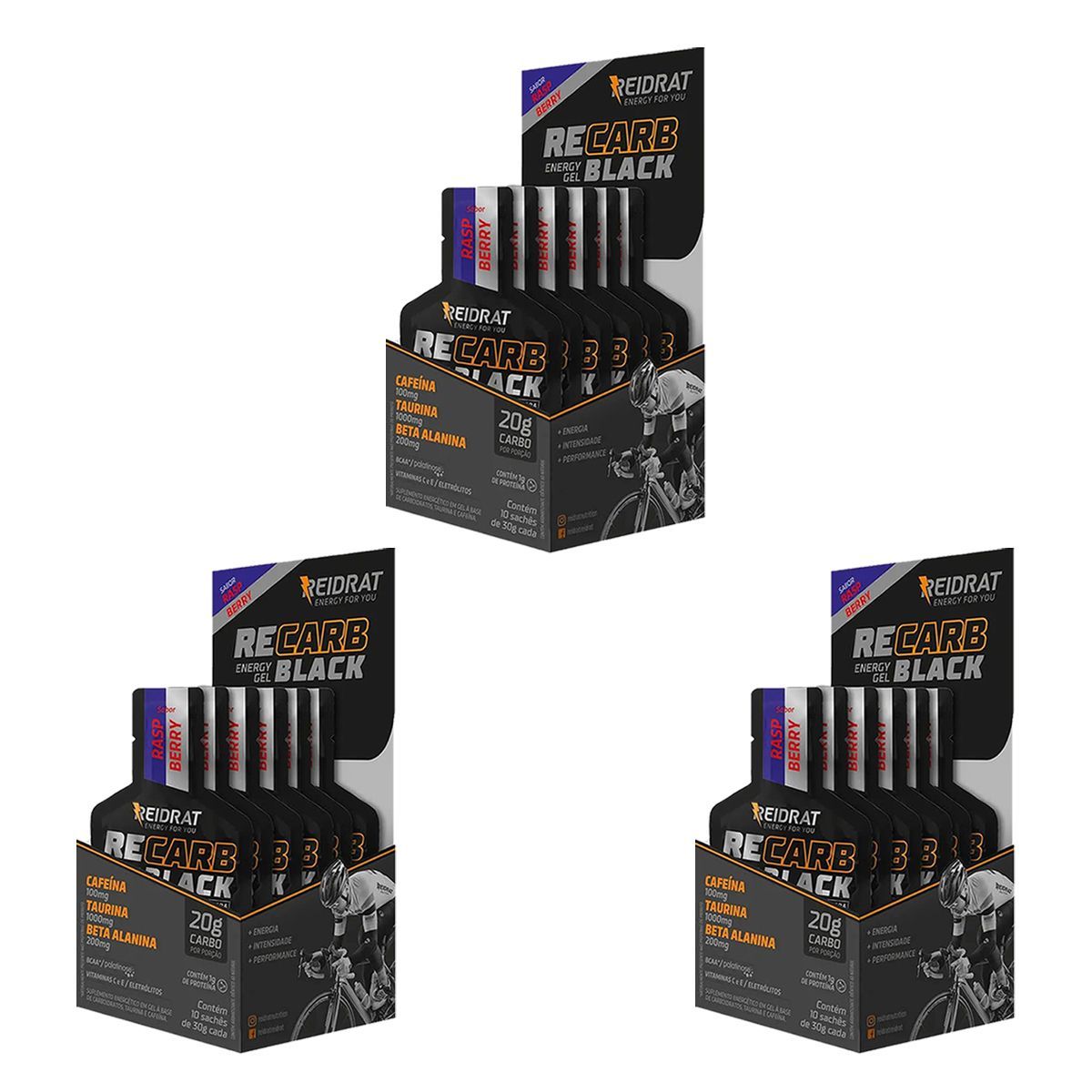 Kit 3X Recarb Energy Gel Black Pro Beta - 10 Sach�s 30g Framboesa - Reidrat