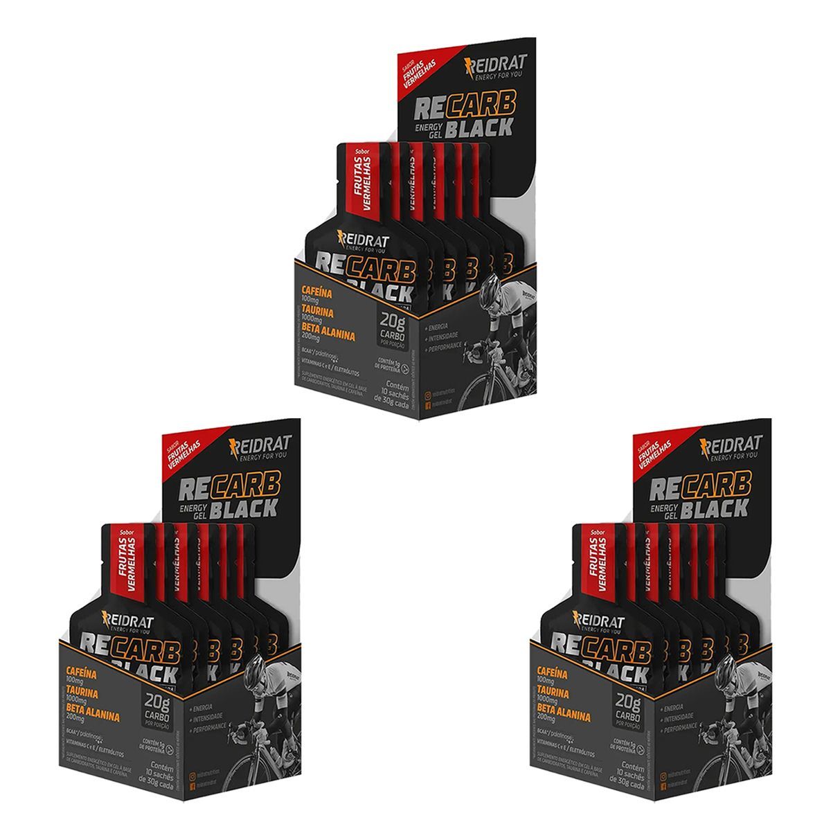 Kit 3X Recarb Energy Gel Black Pro Beta - 10 Sach�s 30g Frutas Vermelhas - Reidrat