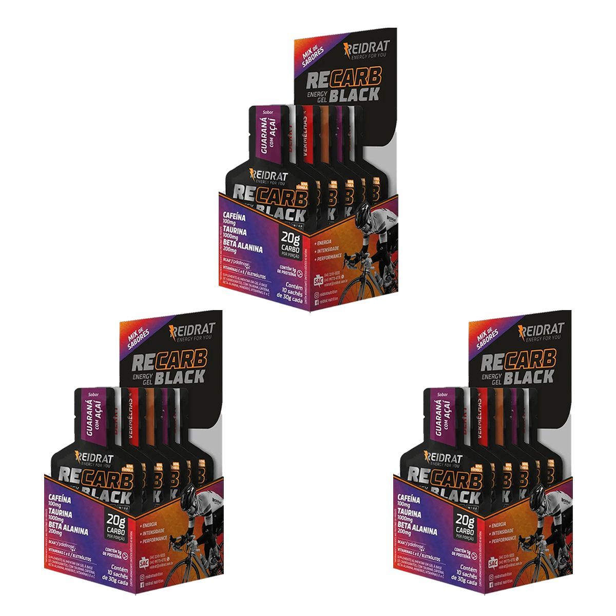 Kit 3X Recarb Energy Gel Black Pro Beta - 10 Sach�s 30g Sabores Variados - Reidrat