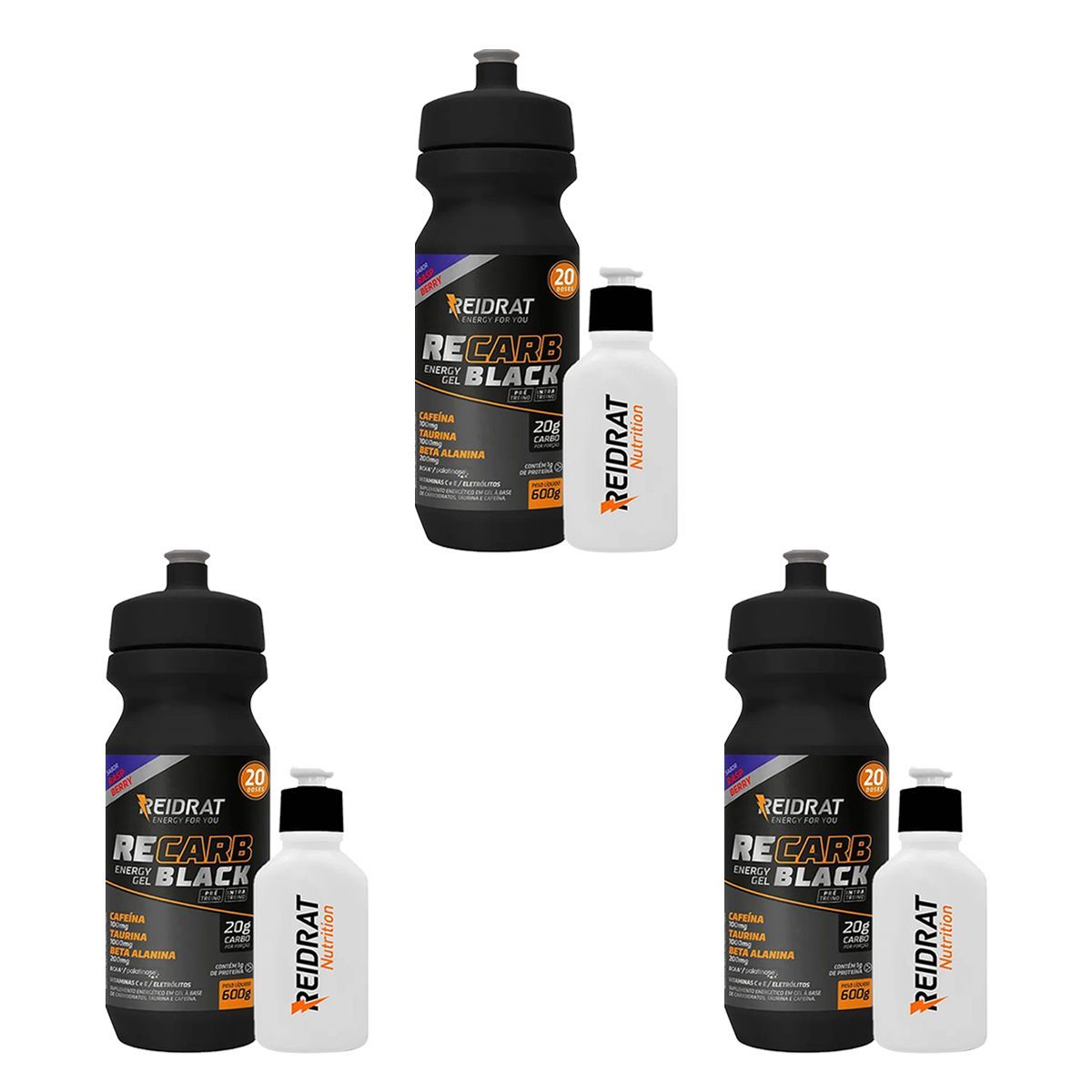 Kit 3X Recarb Energy Gel Black Squeeze + Mini Squeeze 100 ml - 600g Rasp Berry - Reidrat