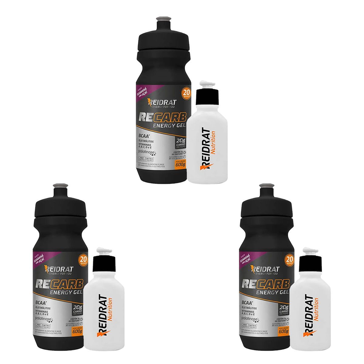 Kit 3X Recarb Energy Gel Squeeze + Mini Squeeze 100 ml - 600g Guaran� com A�a� - Reidrat