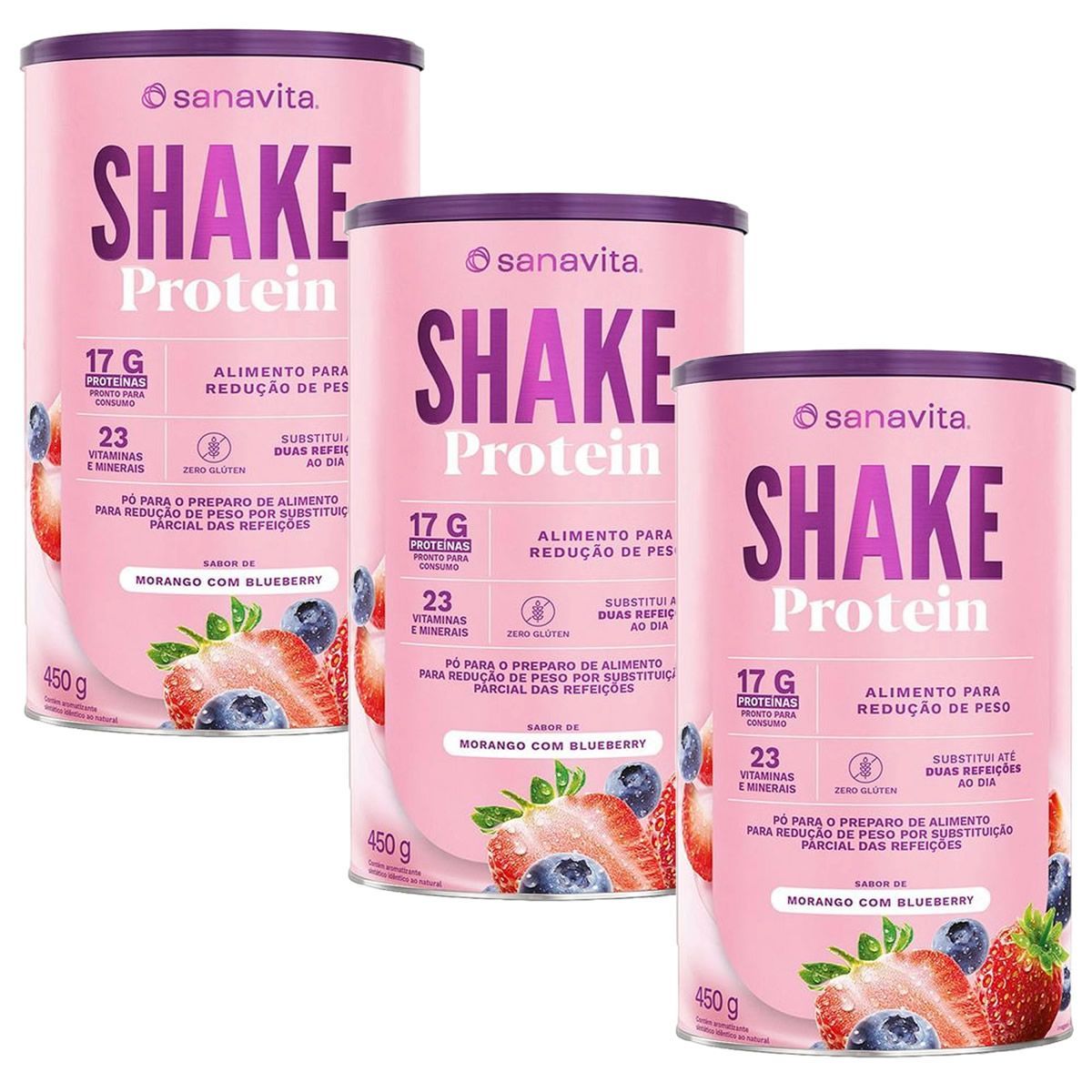 Kit 3X Shake Protein - 450g Morango com Blueberry - Sanavita