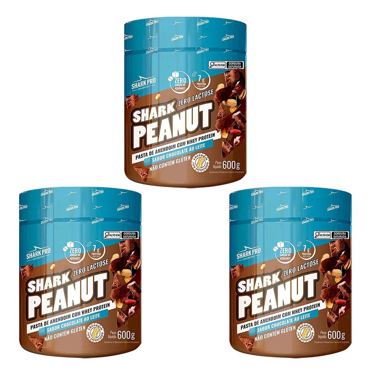 Kit 3X Shark Peanut Zero Lactose - 600g Chocolate ao Leite - Shark Pro