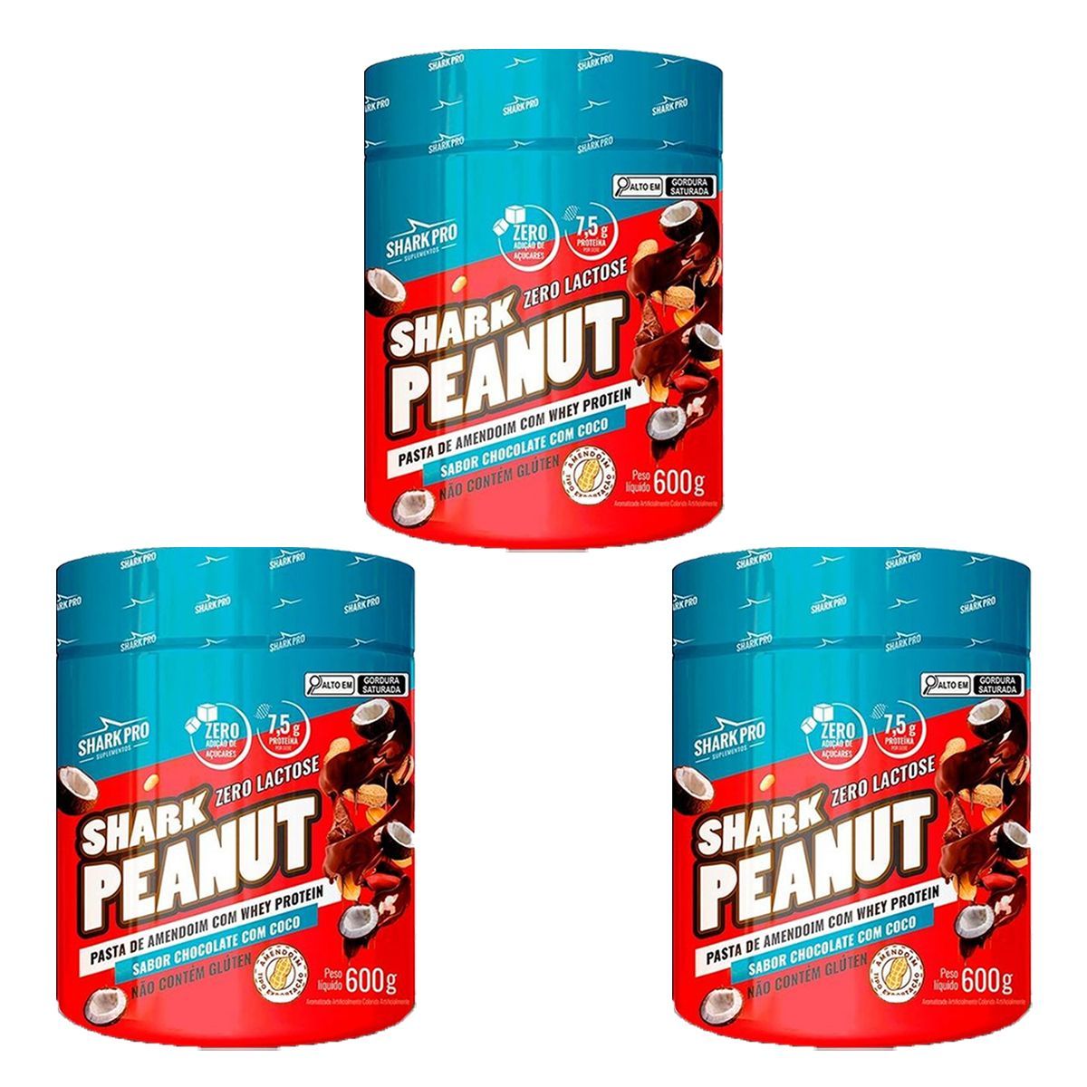 Kit 3X Shark Peanut Zero Lactose - 600g Chocolate com Coco - Shark Pro
