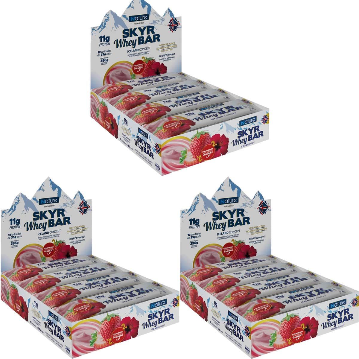 Kit 3X Skyr Whey Bar - 12 unidades 33g Strawberry Whith Hibiscus Yoghurt - Nature