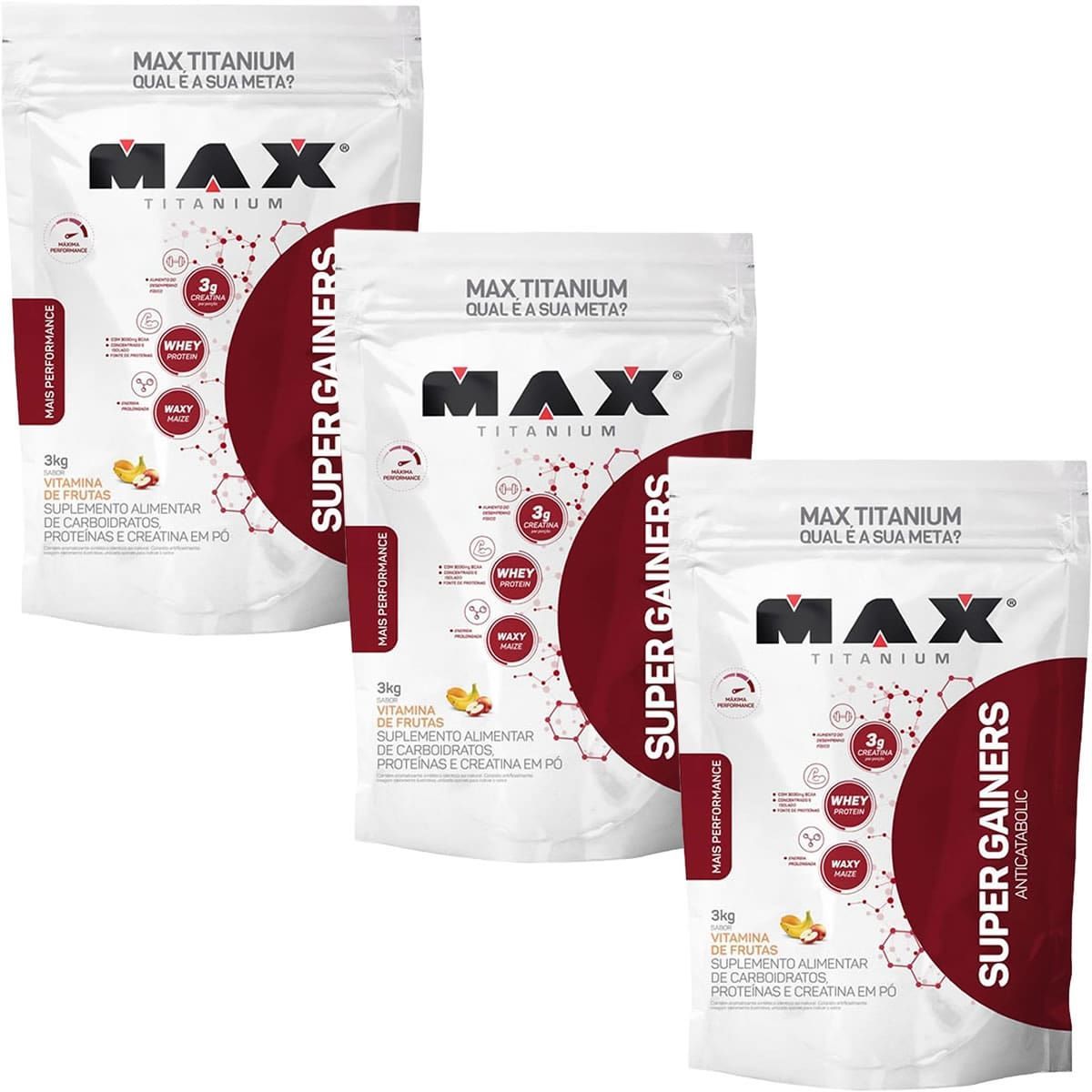 Kit 3X Super Gainers Anticatabolic  - 3.000g Vitamina de Frutas - Max Titanium