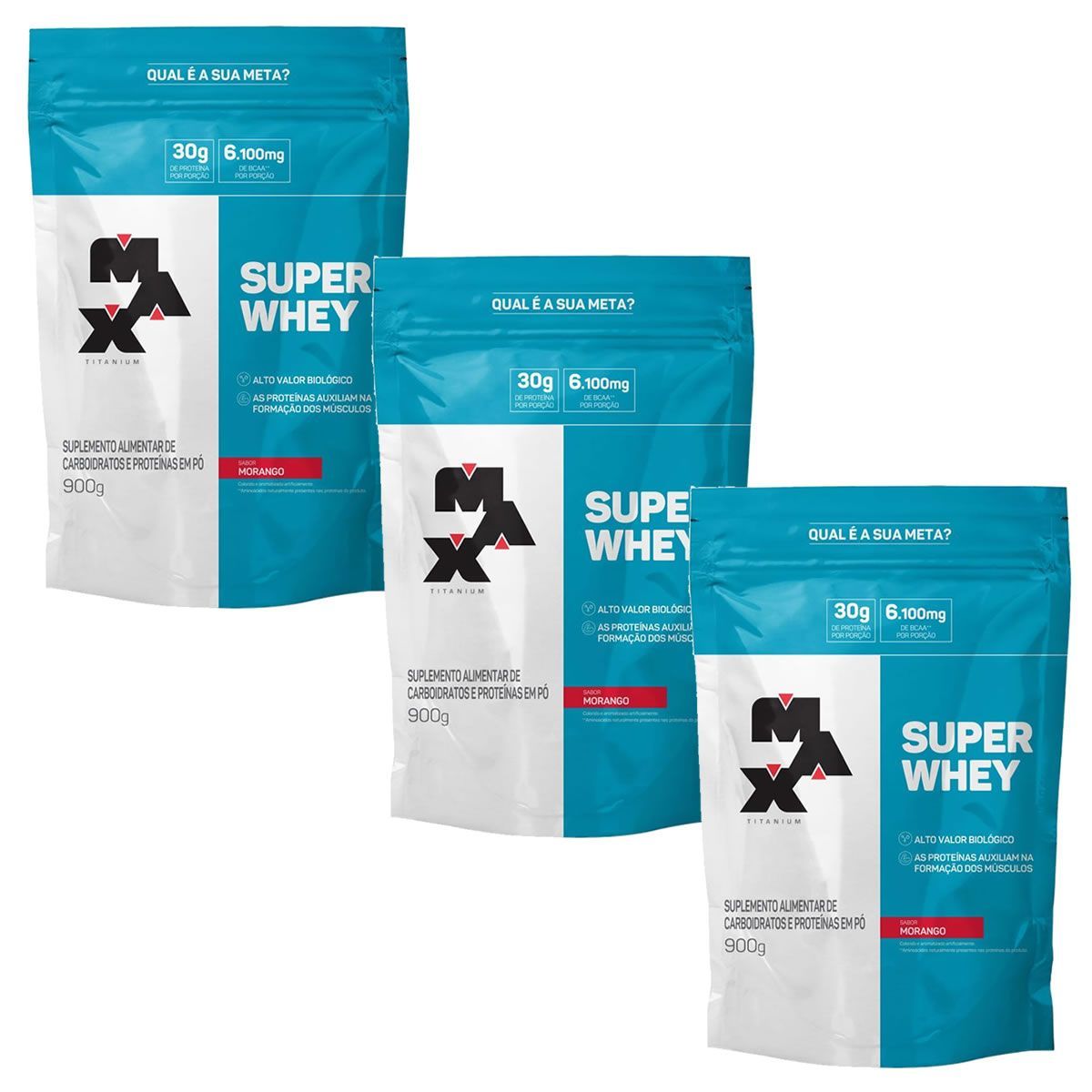 Kit 3X Super Whey - 900g Morango Refil - Max Titanium