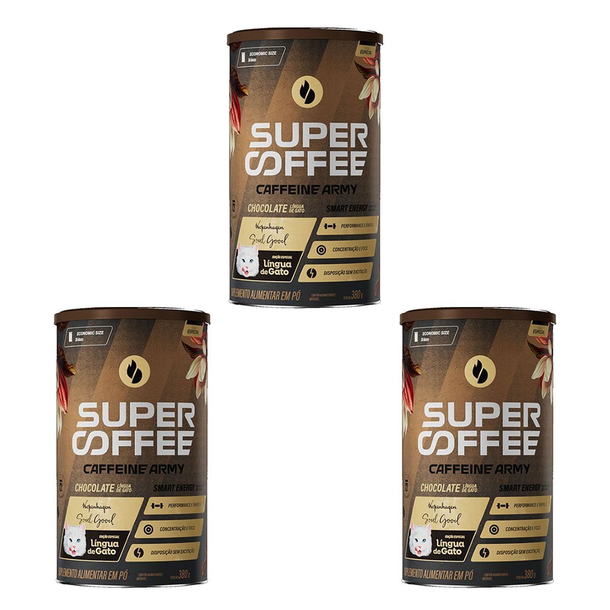 Kit 3X SuperCoffee - 380g Chocolate L�ngua de Gato - Caffeine Army