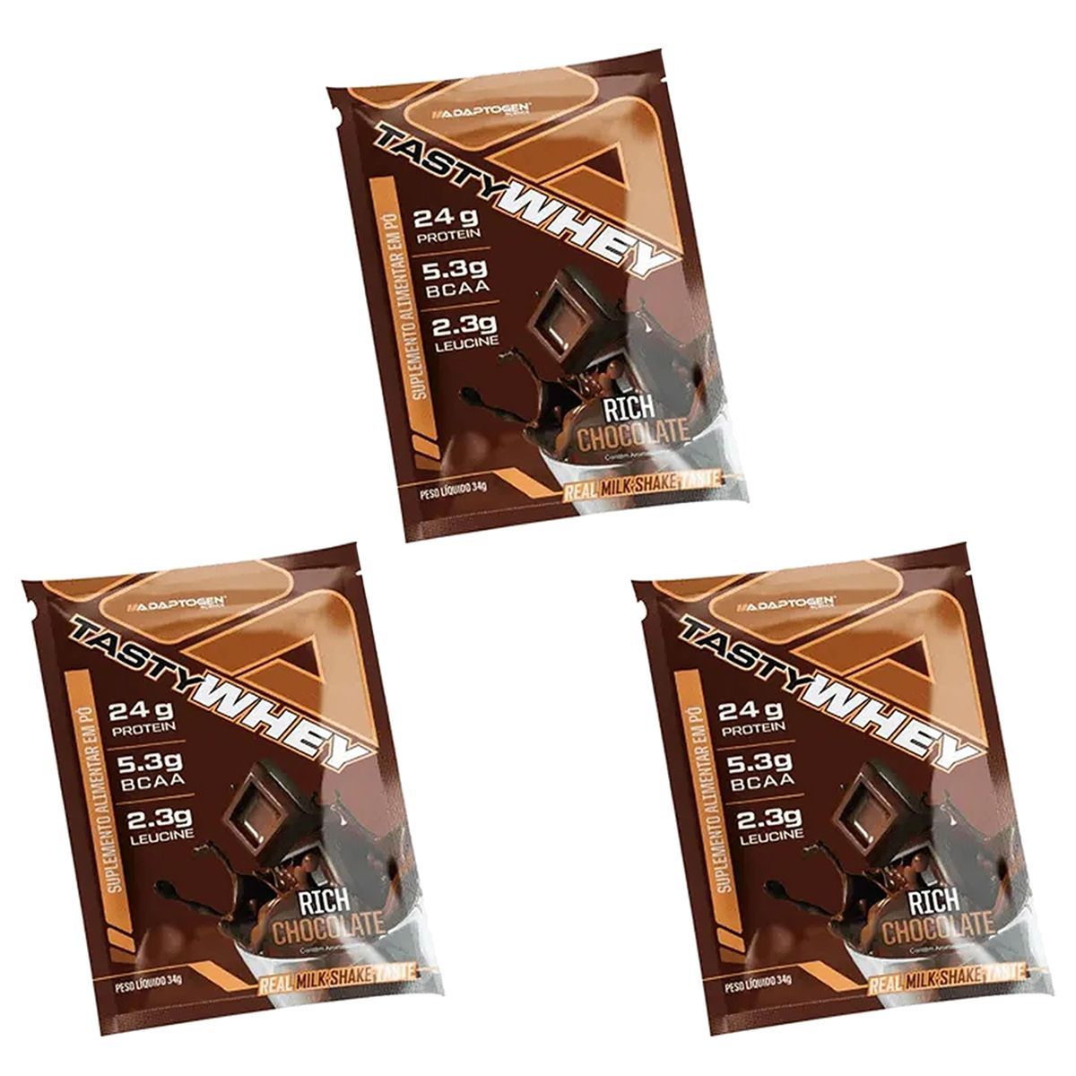 Kit 3X Tasty Whey 3W - 1 Sach� 34g Rich Chocolate - Adaptogen
