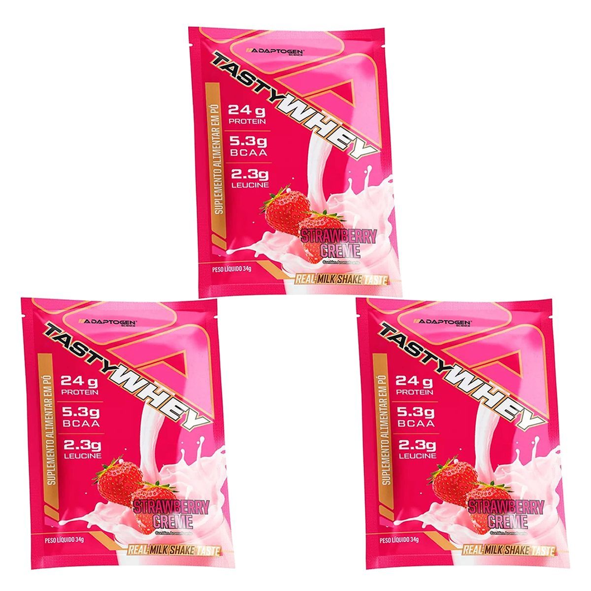 Kit 3X Tasty Whey 3W - 1 Sach� 34g Strawberry Creme - Adaptogen