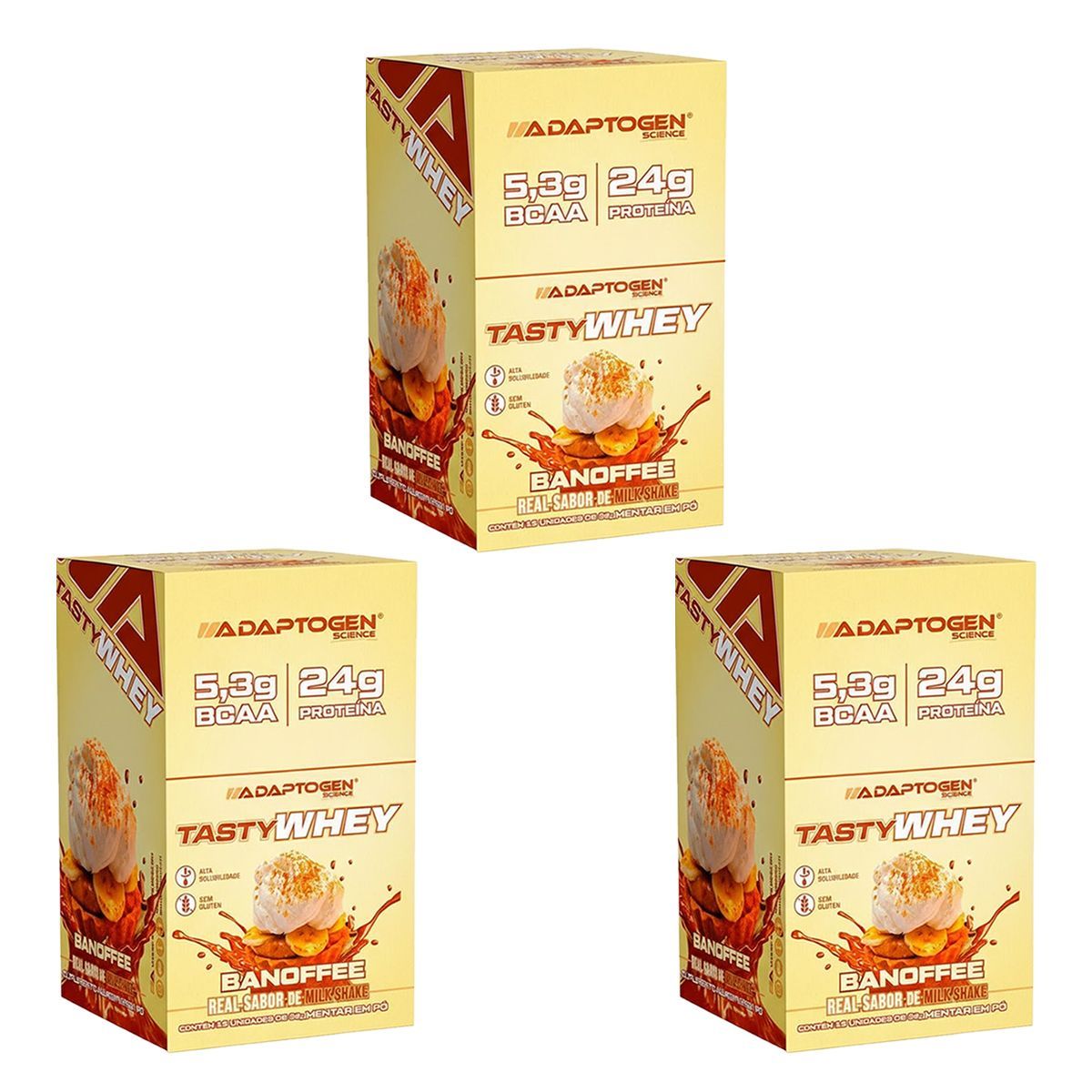 Kit 3X Tasty Whey 3W - 12 Sach�s 32g Banoffee - Adaptogen