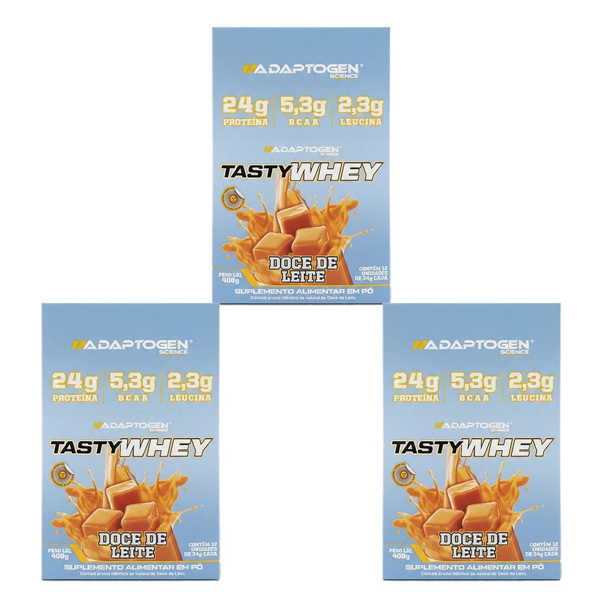 Kit 3X Tasty Whey 3W - 12 Sach�s 34g Doce de Leite - Adaptogen