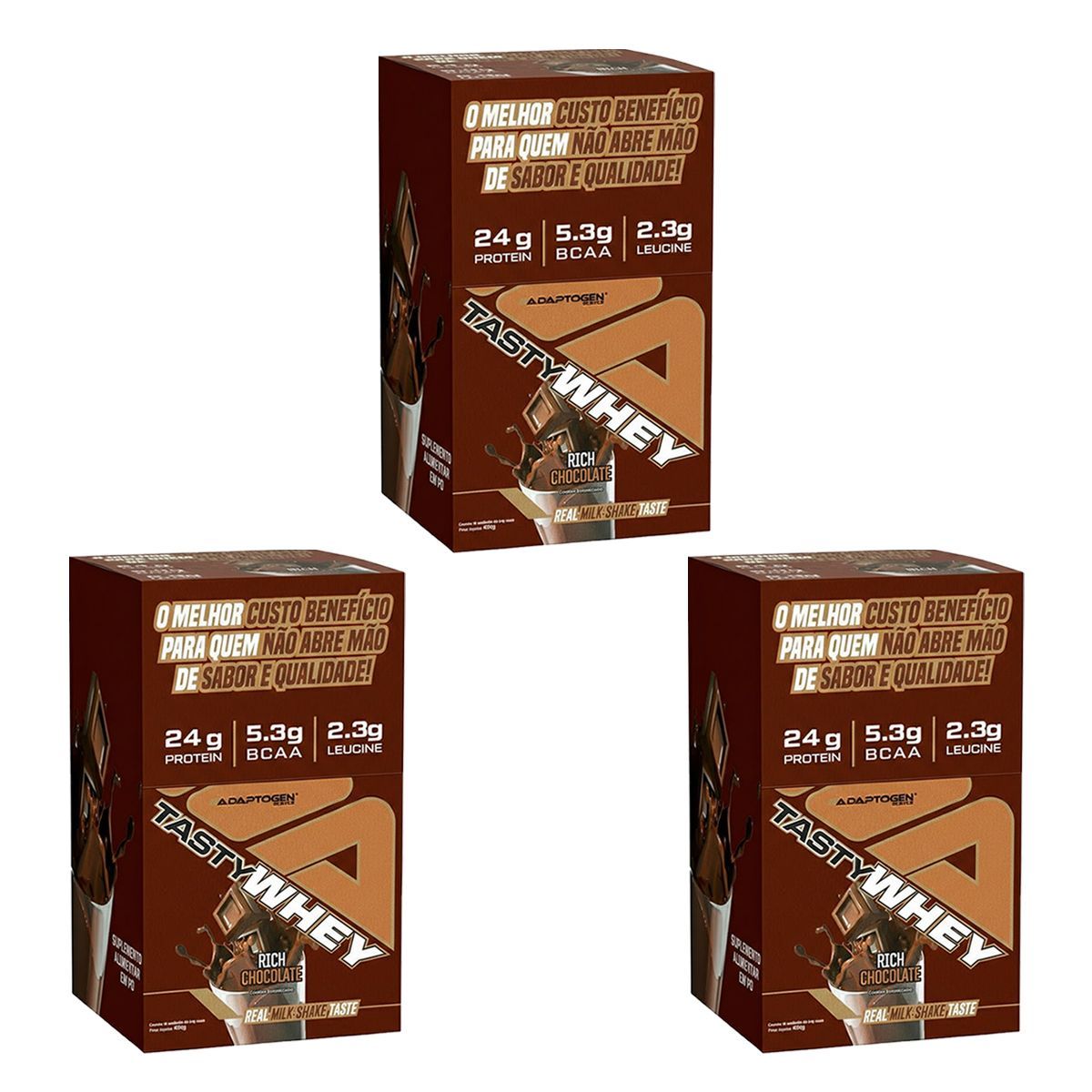 Kit 3X Tasty Whey 3W - 12 Sach�s 34g Rich Chocolate - Adaptogen