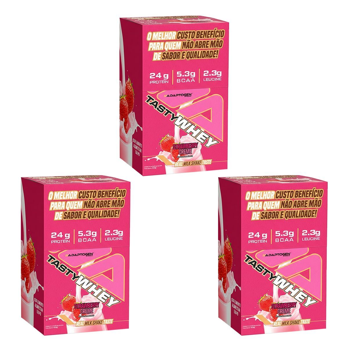 Kit 3X Tasty Whey 3W - 12 Sach�s 34g Strawberry Creme - Adaptogen
