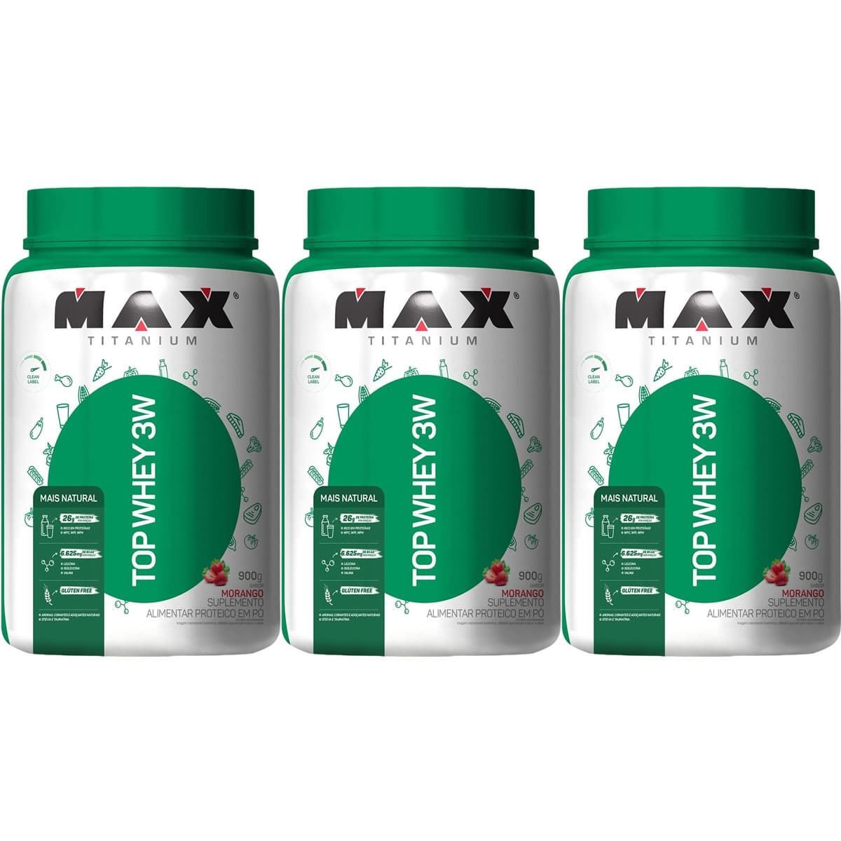 Kit 3X Top Whey 3W Mais Natural - 900g Morango - Max Titanium