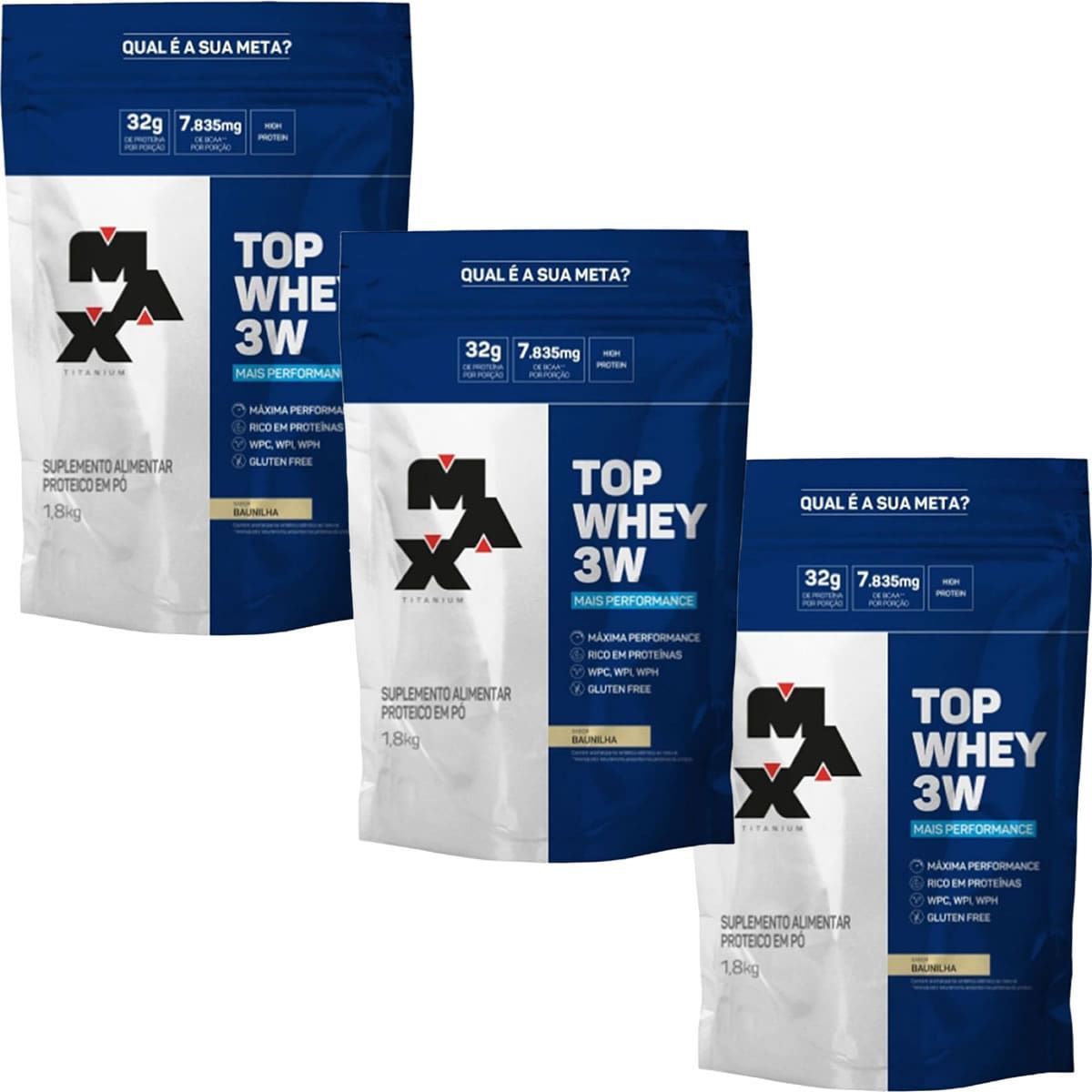 Kit 3X Top Whey 3W Mais Performance - 1800g Refil Baunilha - Max Titanium