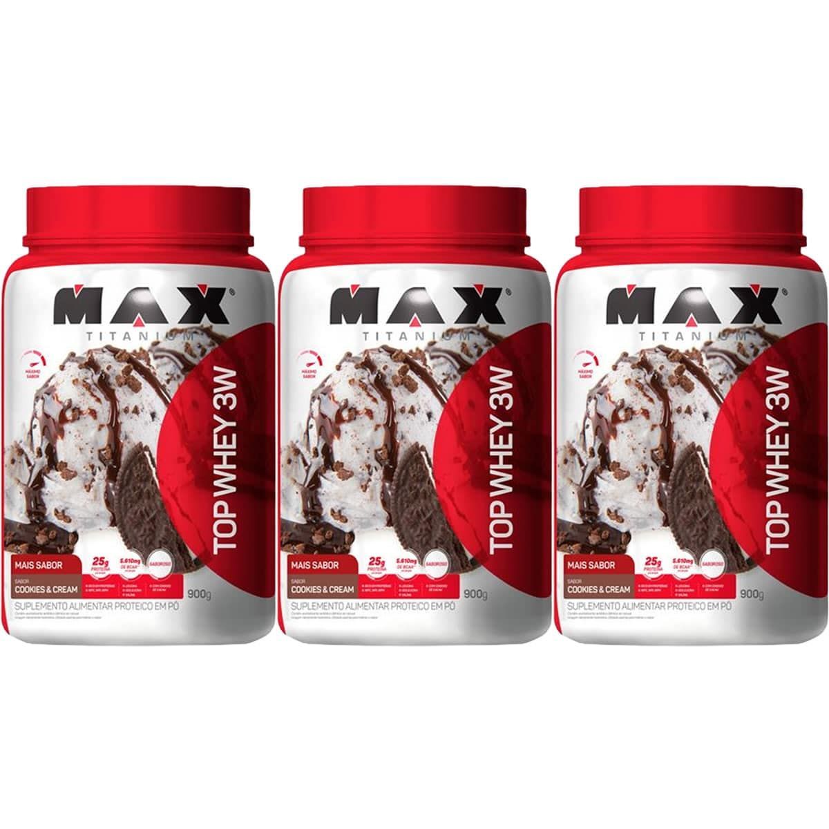 Kit 3X Top Whey 3W Mais Sabor - 900g Cookies & Cream - Max Titanium