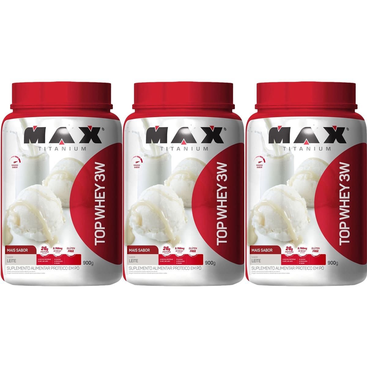 Kit 3X Top Whey 3W Mais Sabor - 900g Leite - Max Titanium