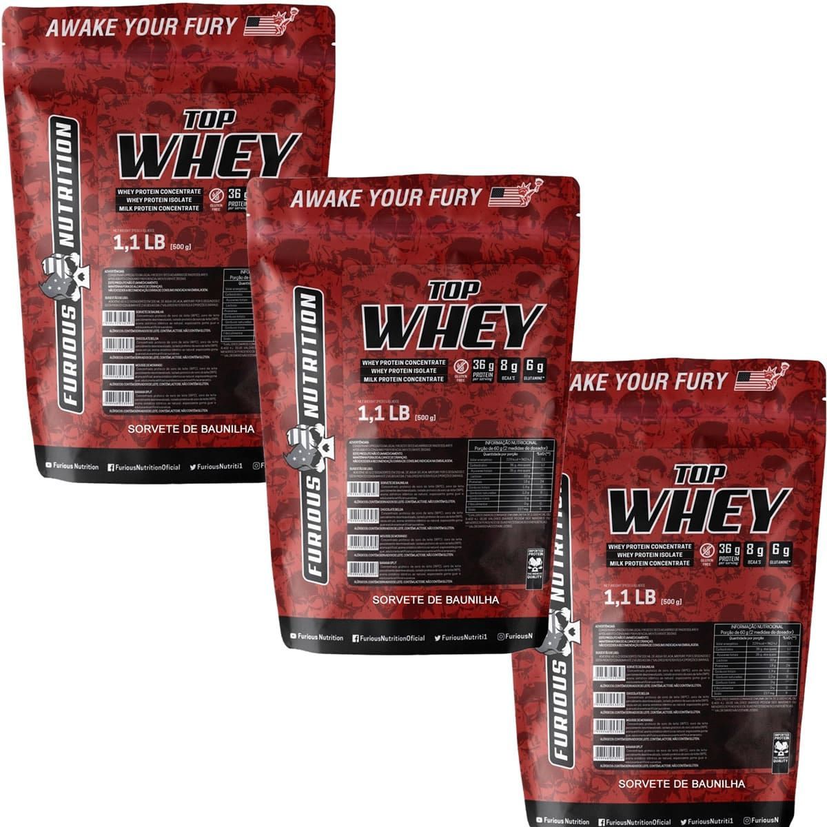 Kit 3X Top Whey - 500g Refil Sorvete de Baunilha - Furious Nutrition