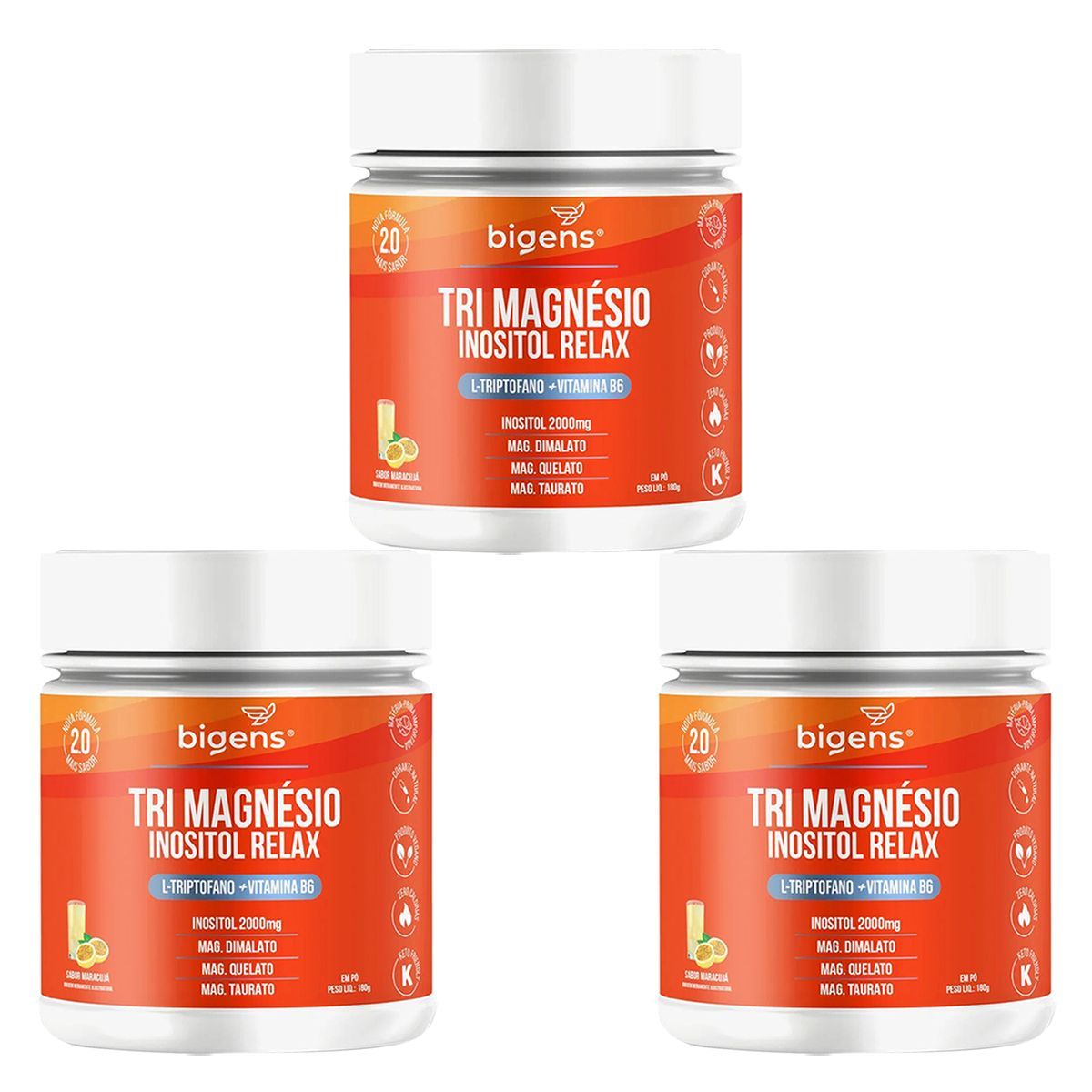 Kit 3X Tri Magn�sio Inositol Relax - 180g Maracuj� - Bigens