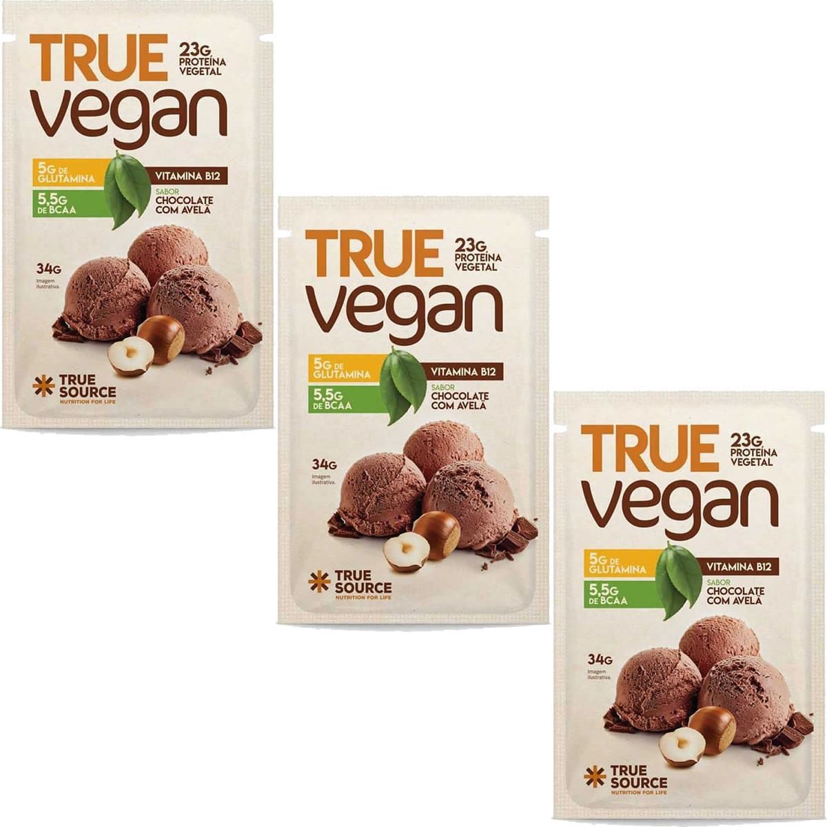Kit 3X True Vegan Prote�na Vegetal - 1 Sach� 34g Chocolate com Avel� - True Source