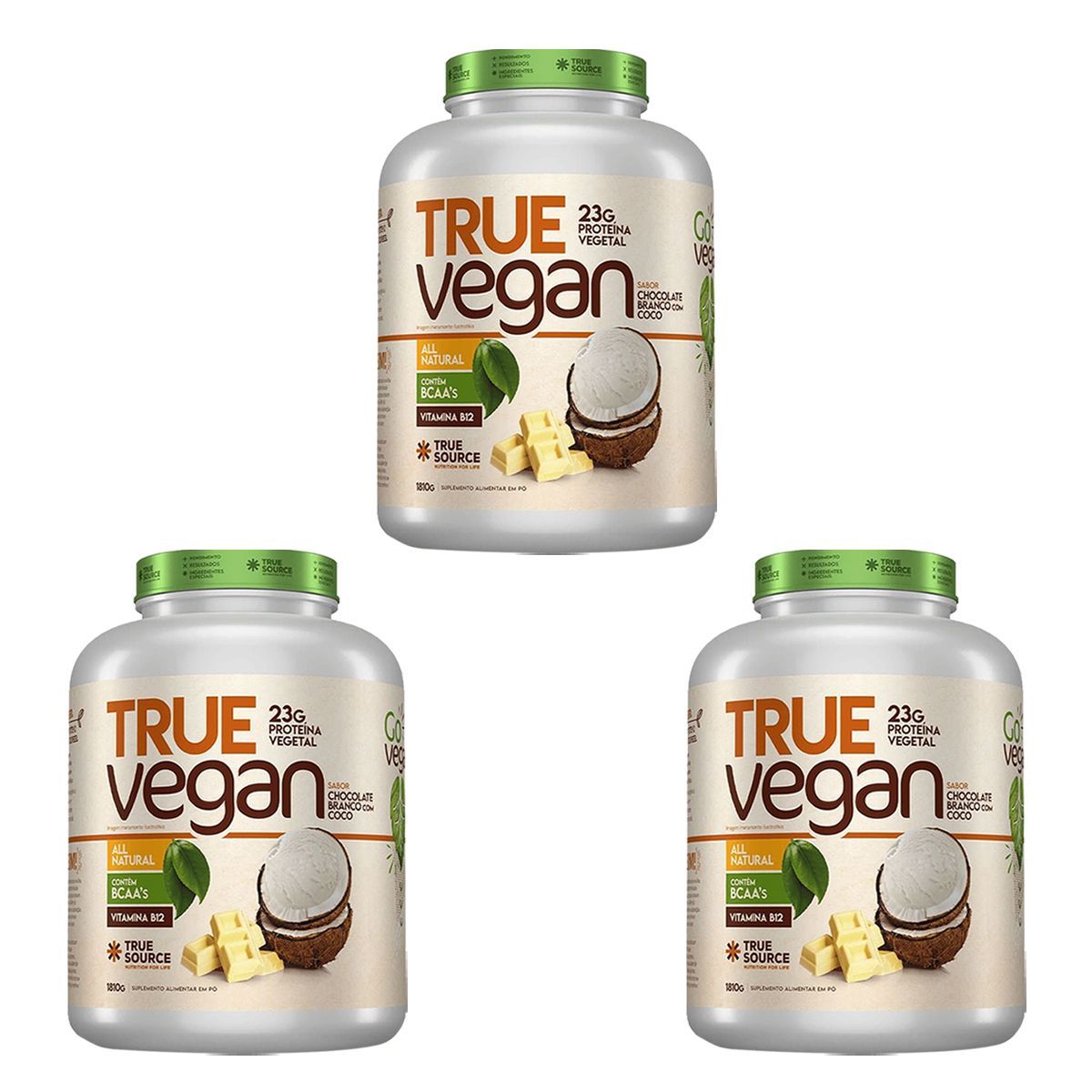 Kit 3X True Vegan Prote�na Vegetal - 1810g Chocolate Branco com Coco - True Source