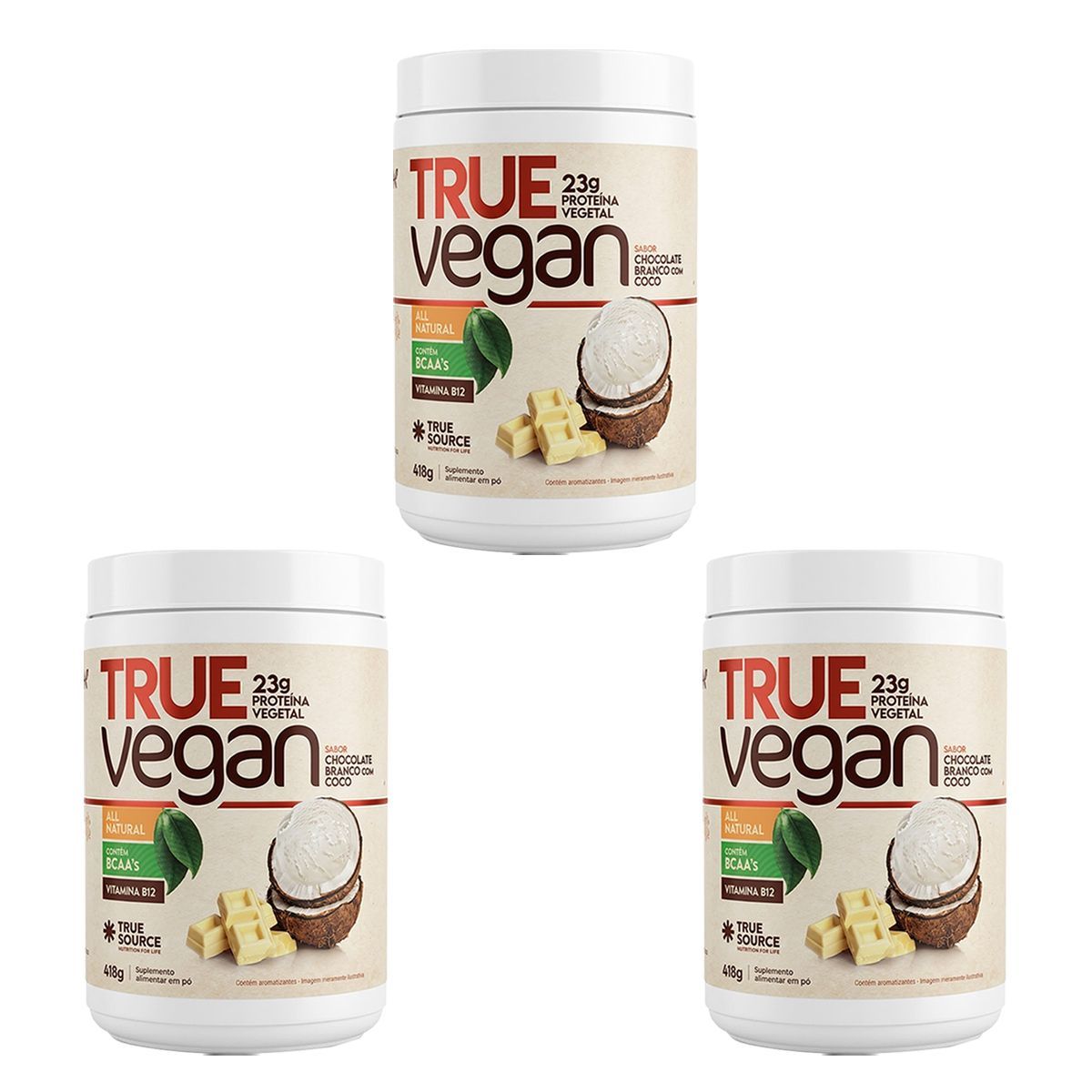 Kit 3X True Vegan Prote�na Vegetal - 418g Chocolate Branco com Coco - True Source
