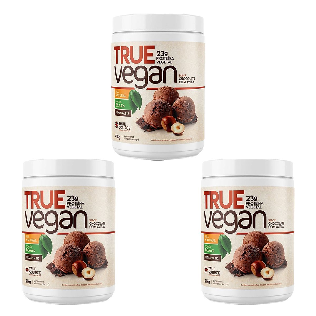 Kit 3X True Vegan Prote�na Vegetal - 418g Chocolate com Avel� - True Source