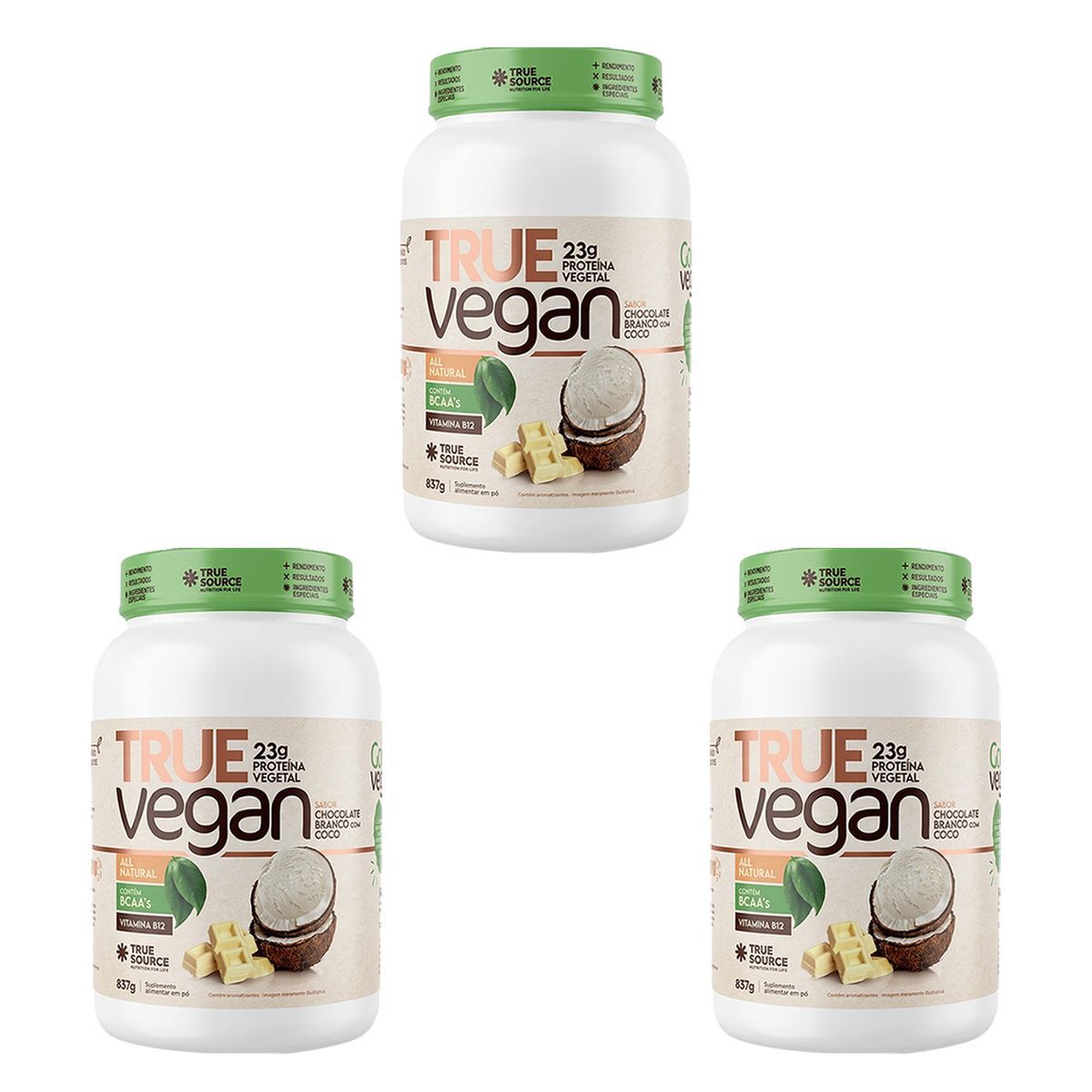 Kit 3X True Vegan Prote�na Vegetal - 837g Chocolate Branco Com Coco - True Source