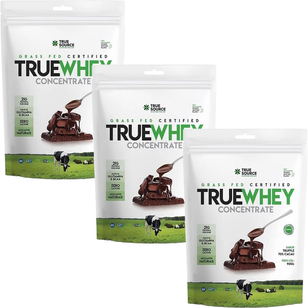 Kit 3X True Whey Concentrate - 900g Refil Chocolate 70% Cacau - True Source