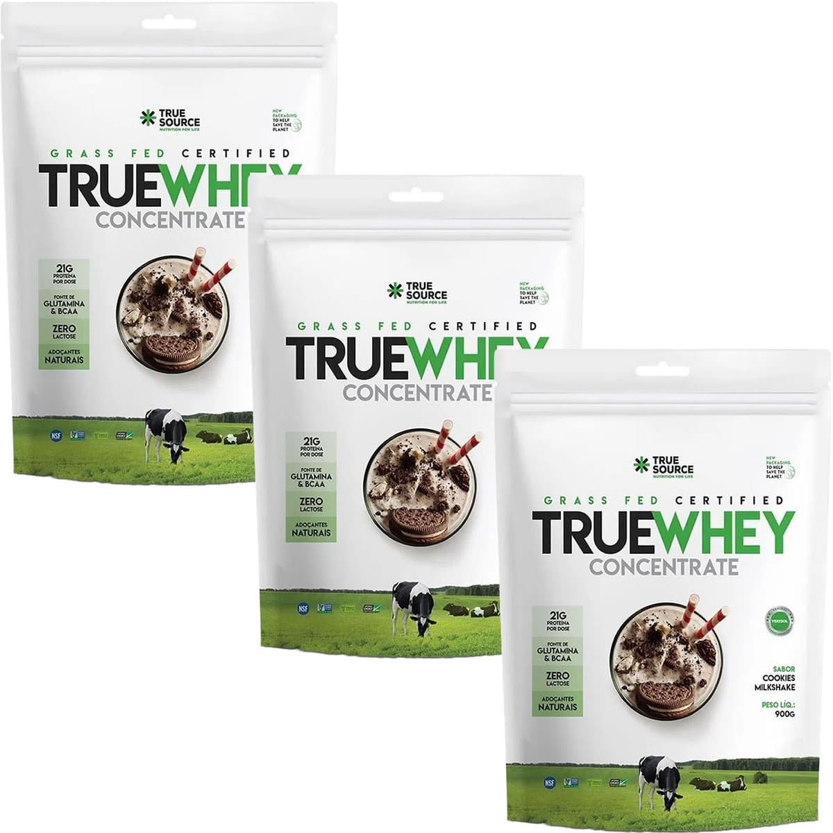 Kit 3X True Whey Concentrate - 900g  Refil Cookies Milkshake - True Source