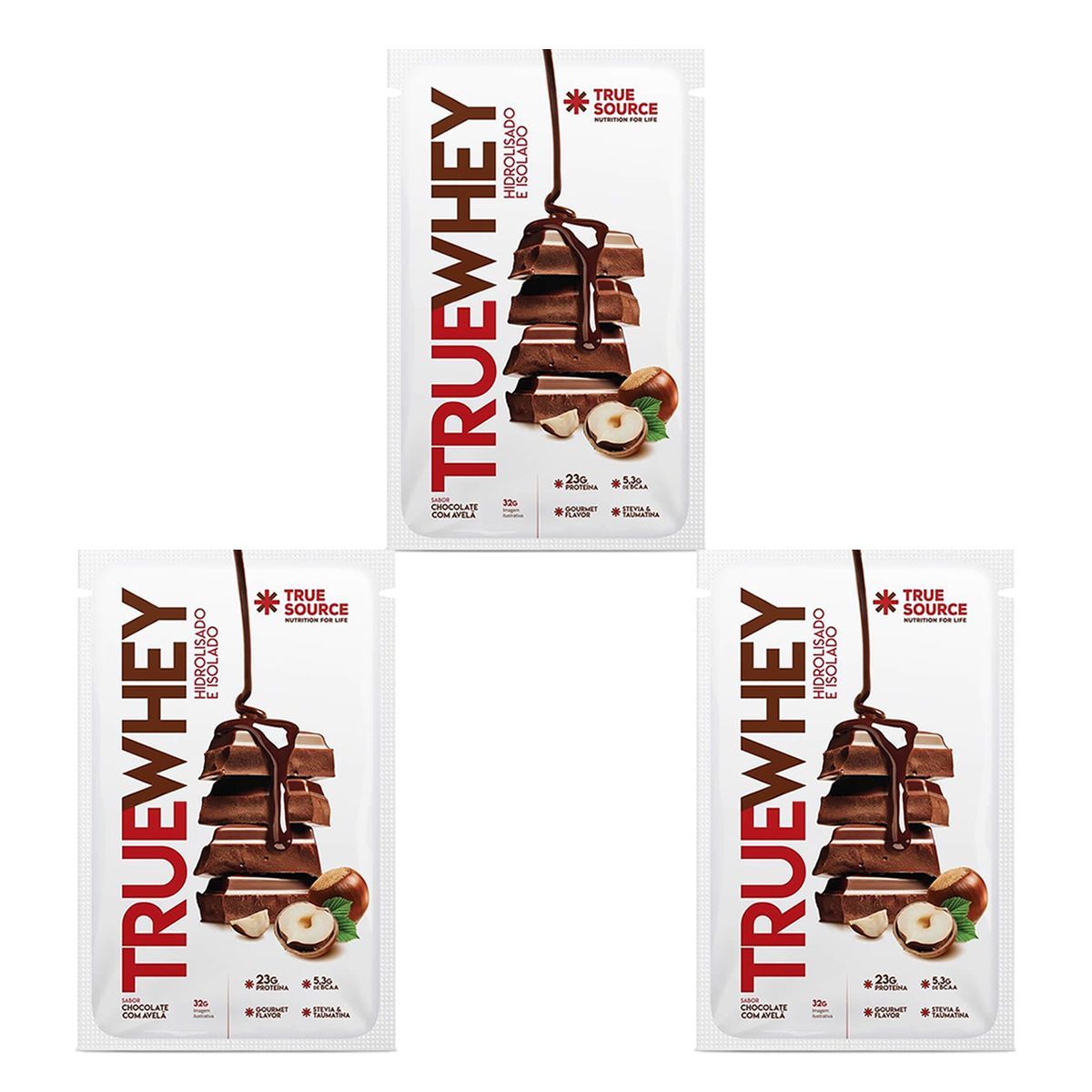 Kit 3X True Whey Hidrolisado e Isolado - 1 Sach�  32g Chocolate com Avel� - True Source