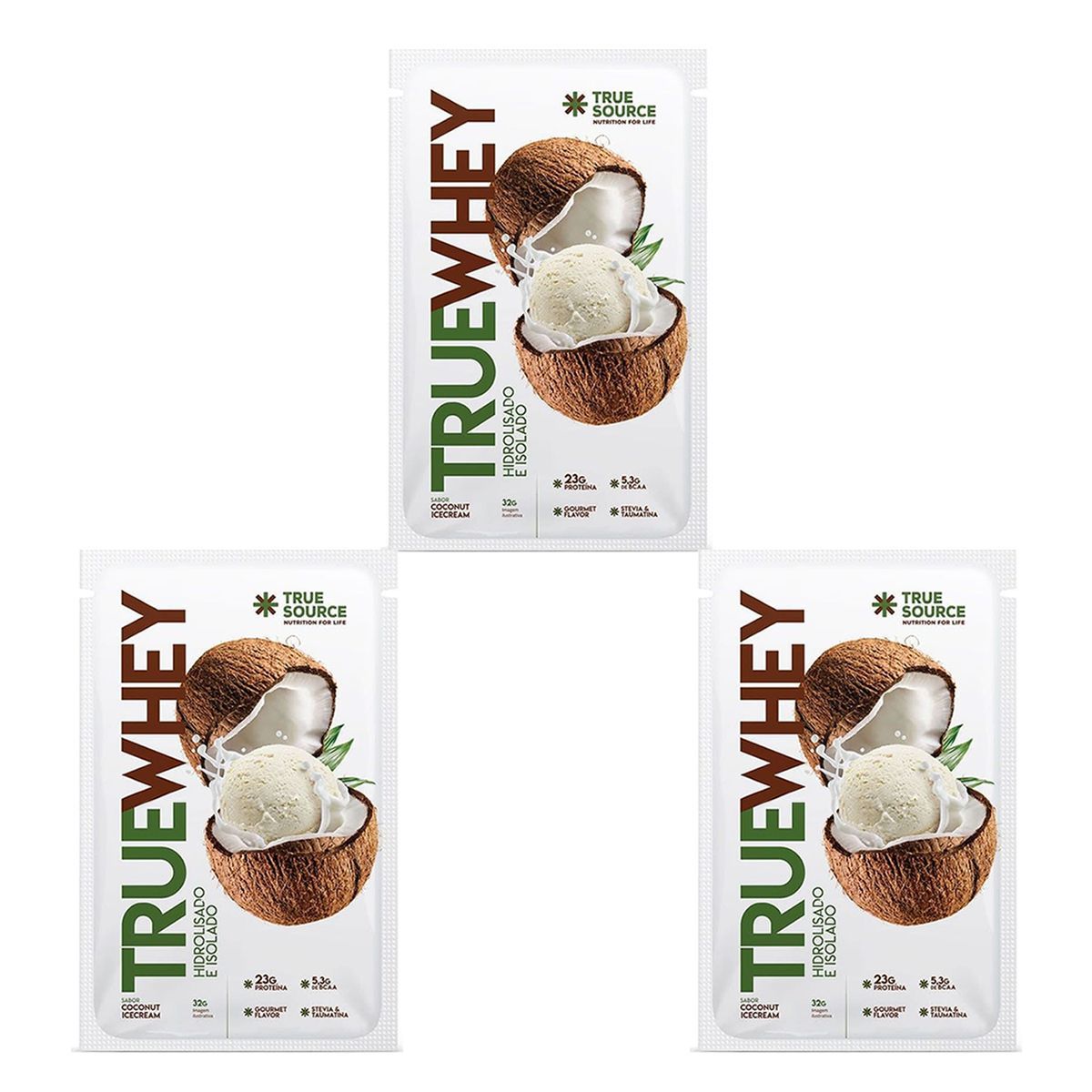 Kit 3X True Whey Hidrolisado e Isolado - 1 Sach� 32g Coconut Ice Cream - True Source