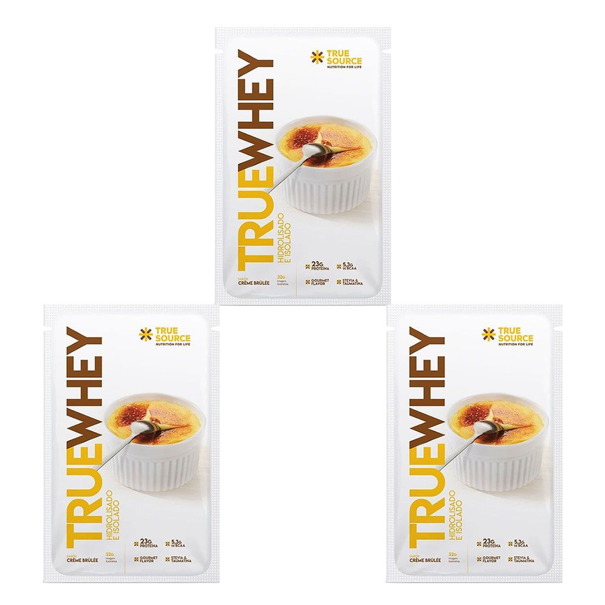 Kit 3X True Whey Hidrolisado e Isolado - 1 Sach� 32g Vanilla Cr�me Br�ll� - True Source
