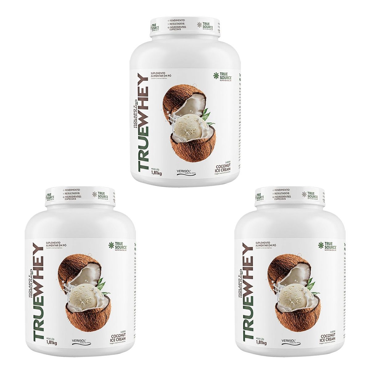 Kit 3X True Whey Protein Hidrolisado e Isolado - 1810g Coconut Ice Cream - True Source