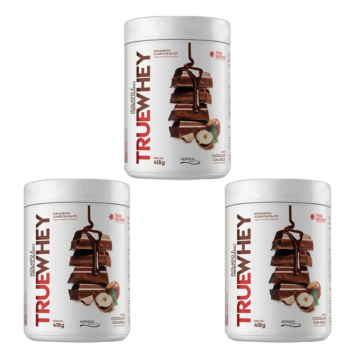 Kit 3X True Whey Protein Hidrolisado e Isolado - 418g Chocolate Com Avel� - True Source
