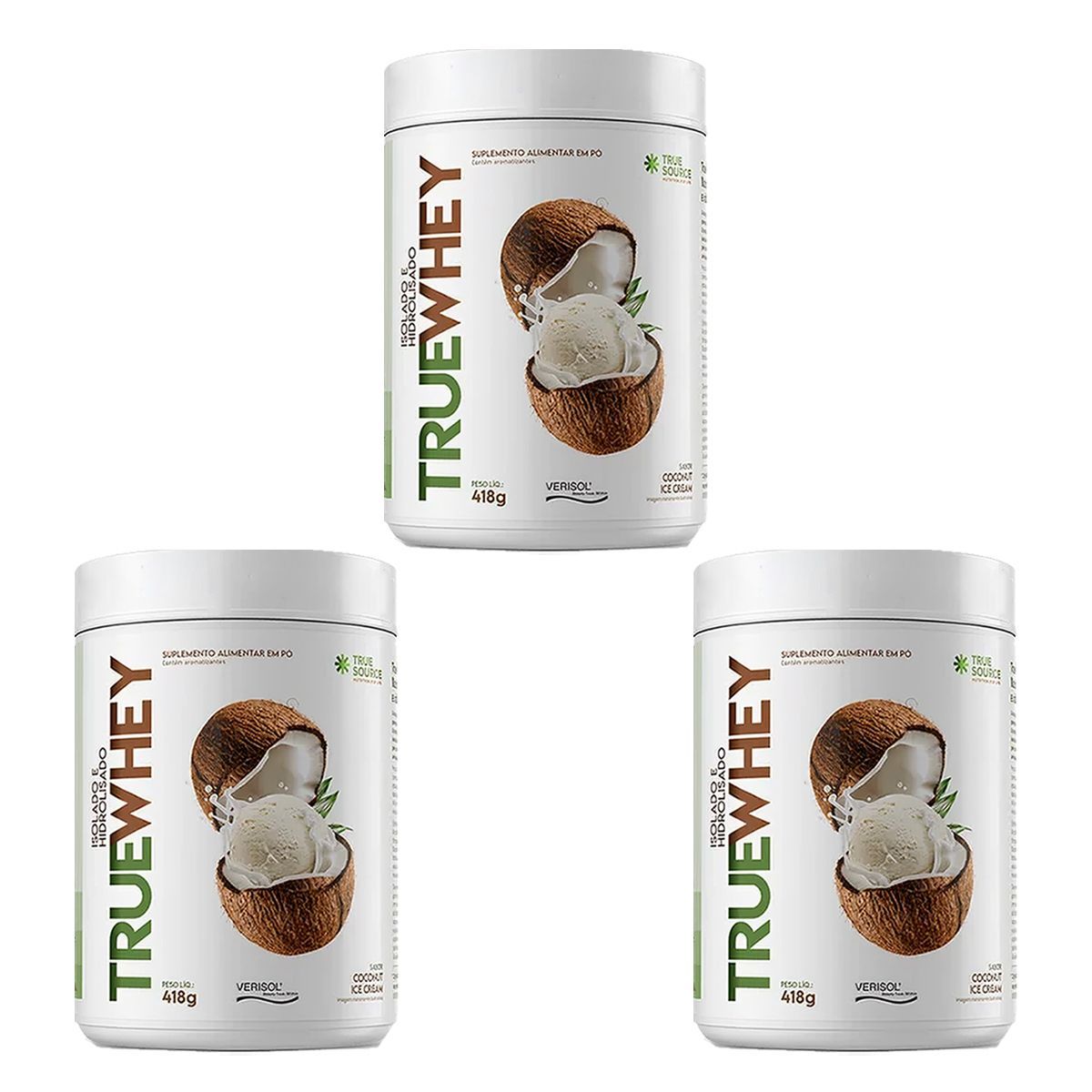 Kit 3X True Whey Protein Hidrolisado e Isolado - 418g Coconut Ice Cream - True Source