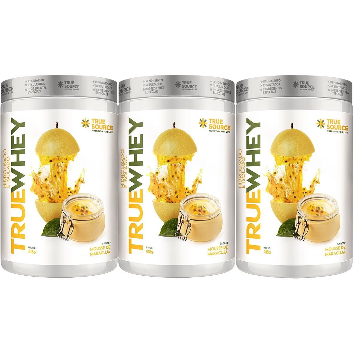 Kit 3X True Whey Protein Hidrolisado e Isolado - 418g Mousse de Maracuj� - True Source