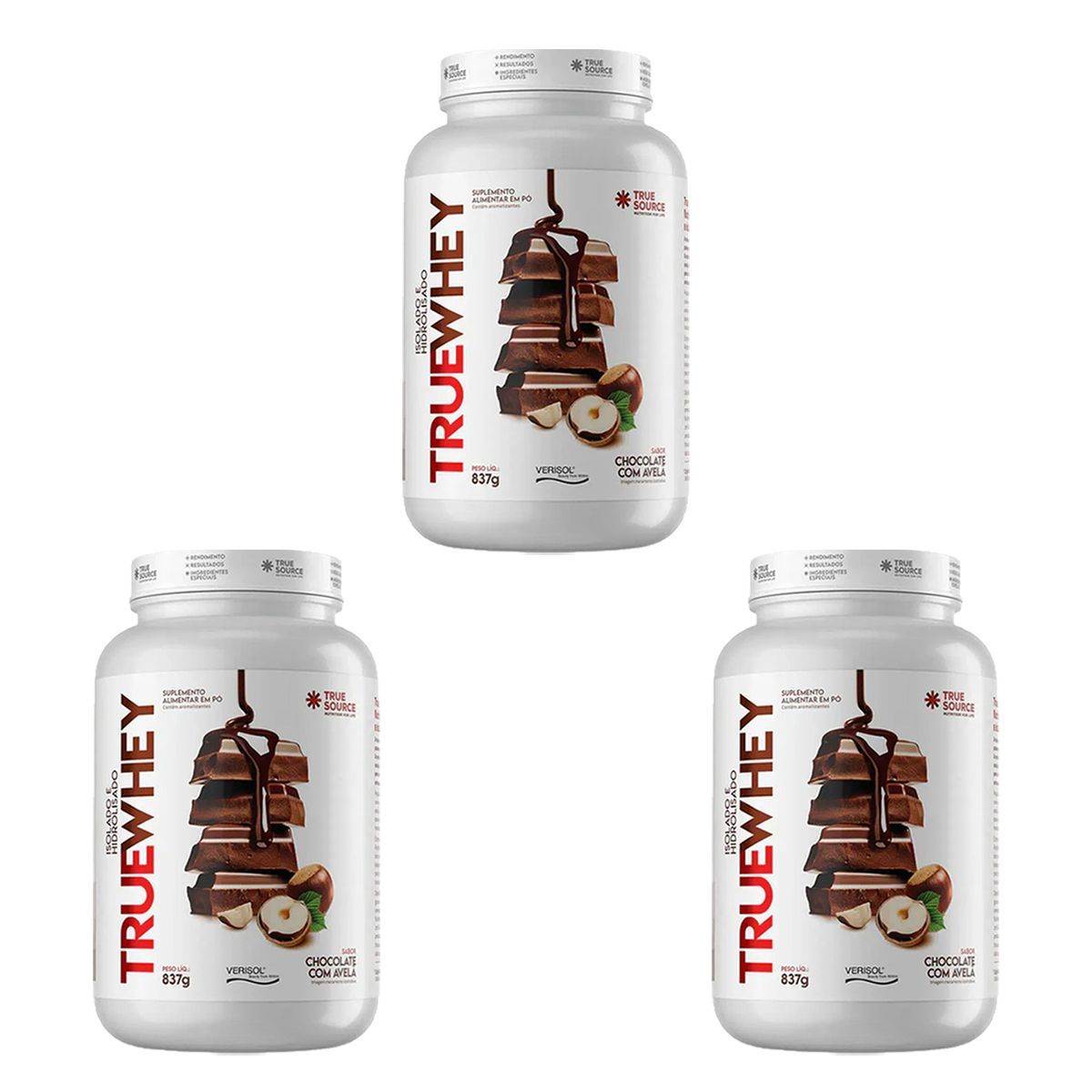 Kit 3X True Whey Protein Hidrolisado e Isolado - 837g Chocolate Com Avel� - True Source