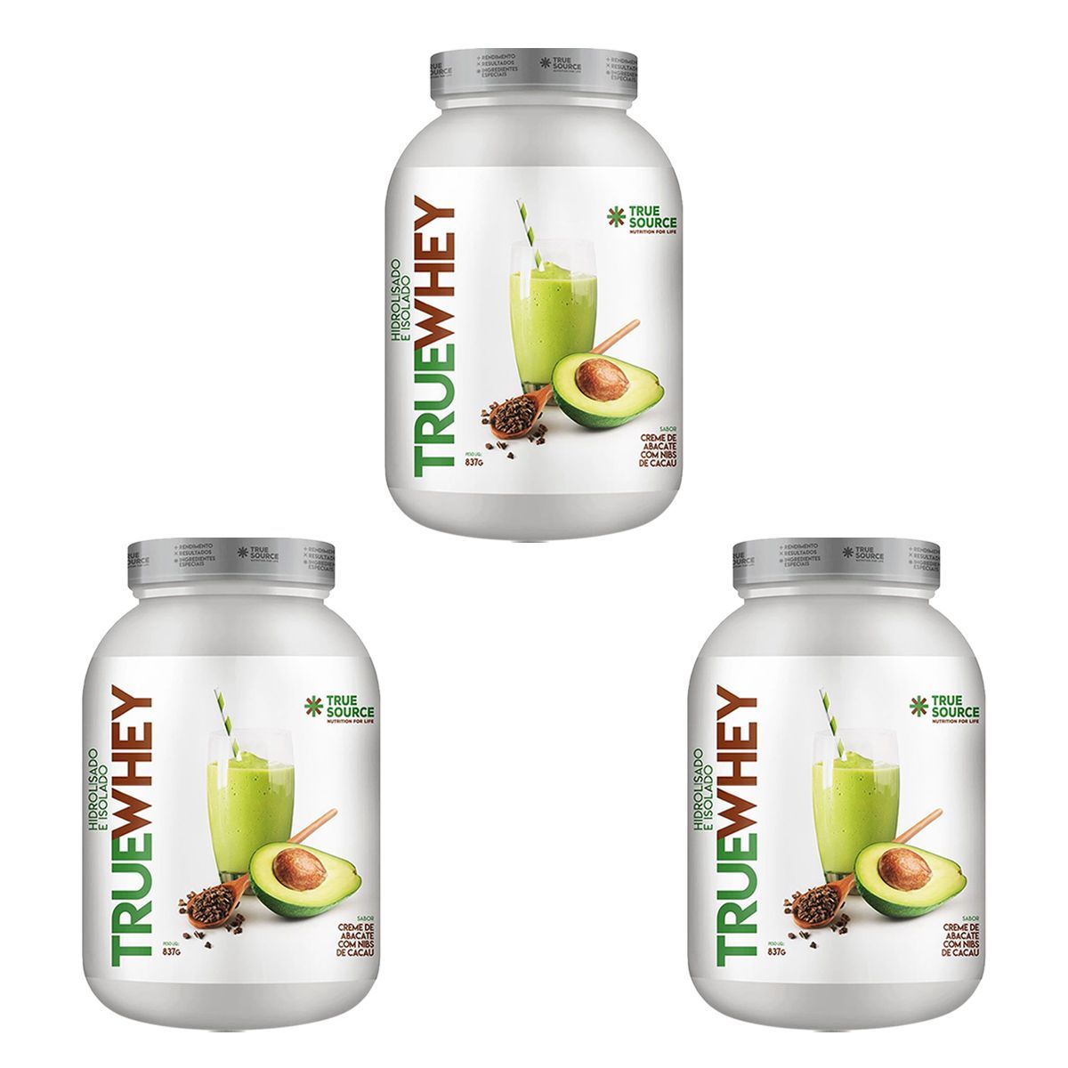 Kit 3X True Whey Protein Hidrolisado e Isolado - 837g Creme de Abacate Com Nibs de Cacau - True Source
